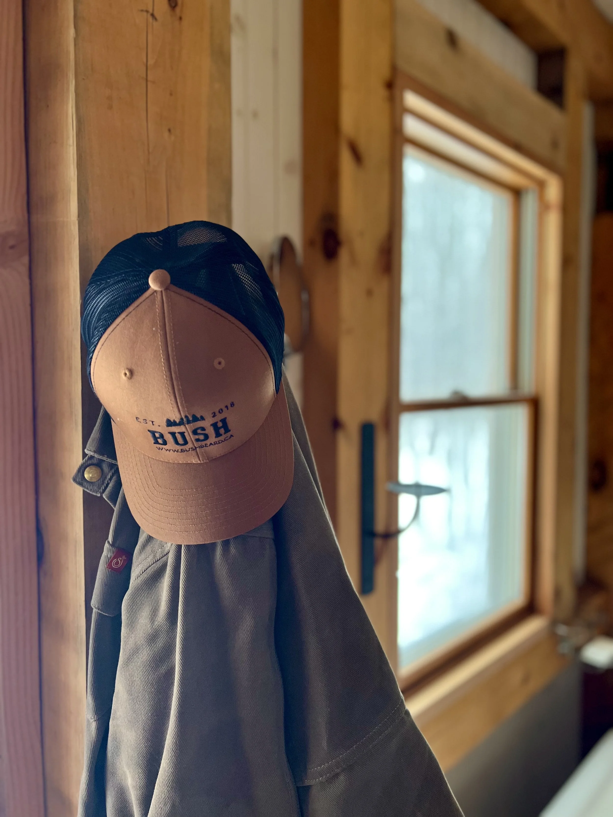 A baseball cap with the logo 'Bush' hangs on a hook on a wooden wall near a window in a log cabin interior.