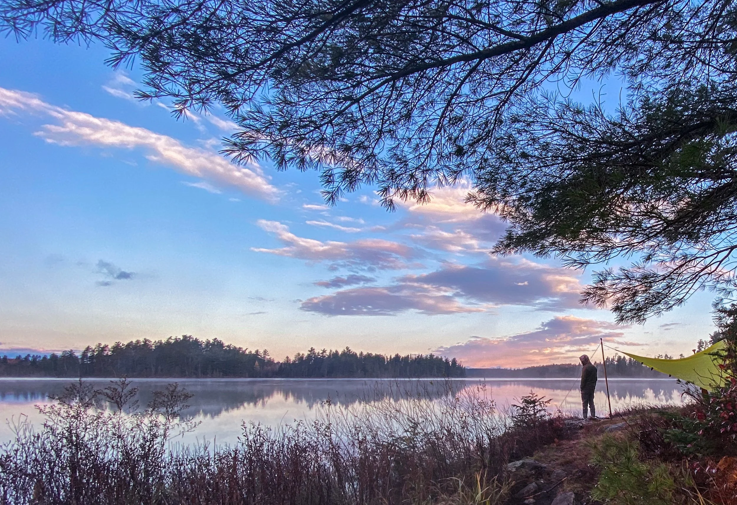 A person standing on the rocky shore of a calm lake during sunrise or sunset, with trees and sky reflected on the water, and branches of a tree framing the scene.