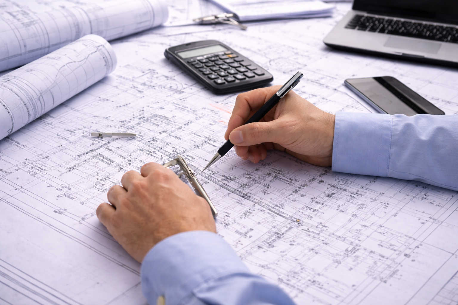 A person wearing a light blue shirt uses a black pen to make notes on architectural blueprints. The workspace has a calculator, a laptop, a smartphone, and rolled-up blueprints.
