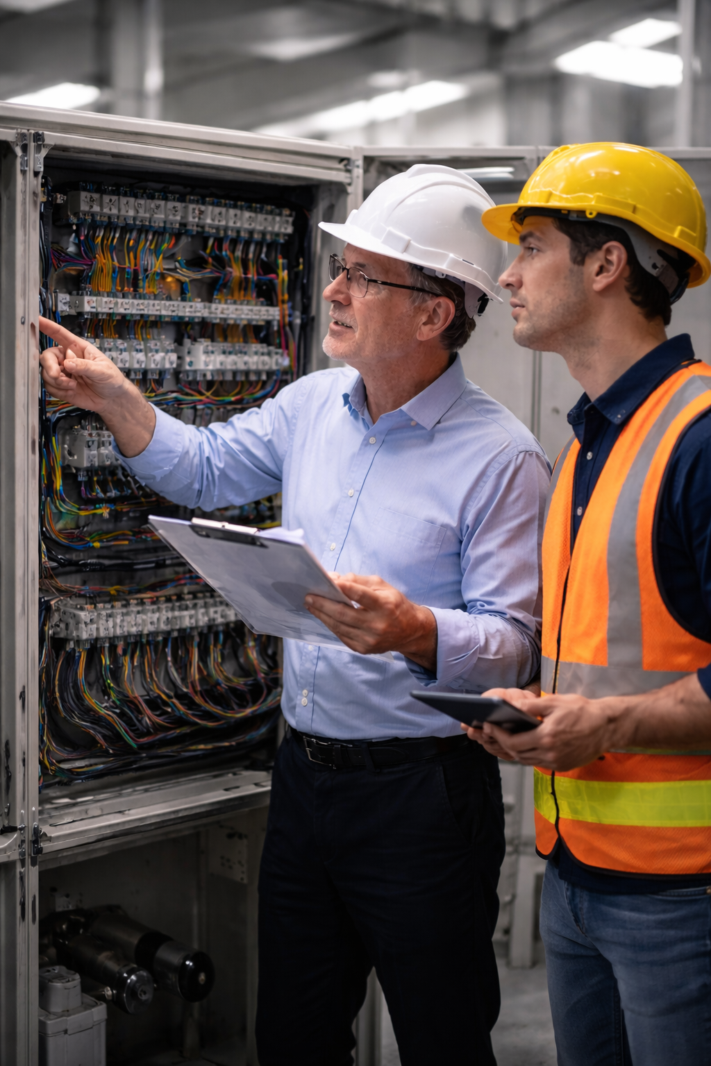 Two electrical engineers wearing safety helmets and vests inspecting wiring inside an electrical panel.