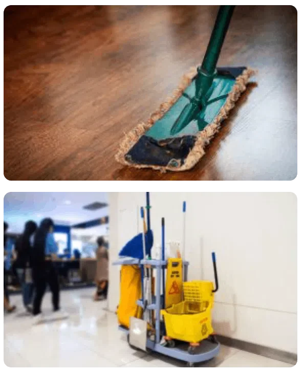 First image shows a green floor mop with a black cleaning pad on a wooden floor. Second image shows a cleaning cart with yellow buckets and cleaning supplies in a public area with people walking.