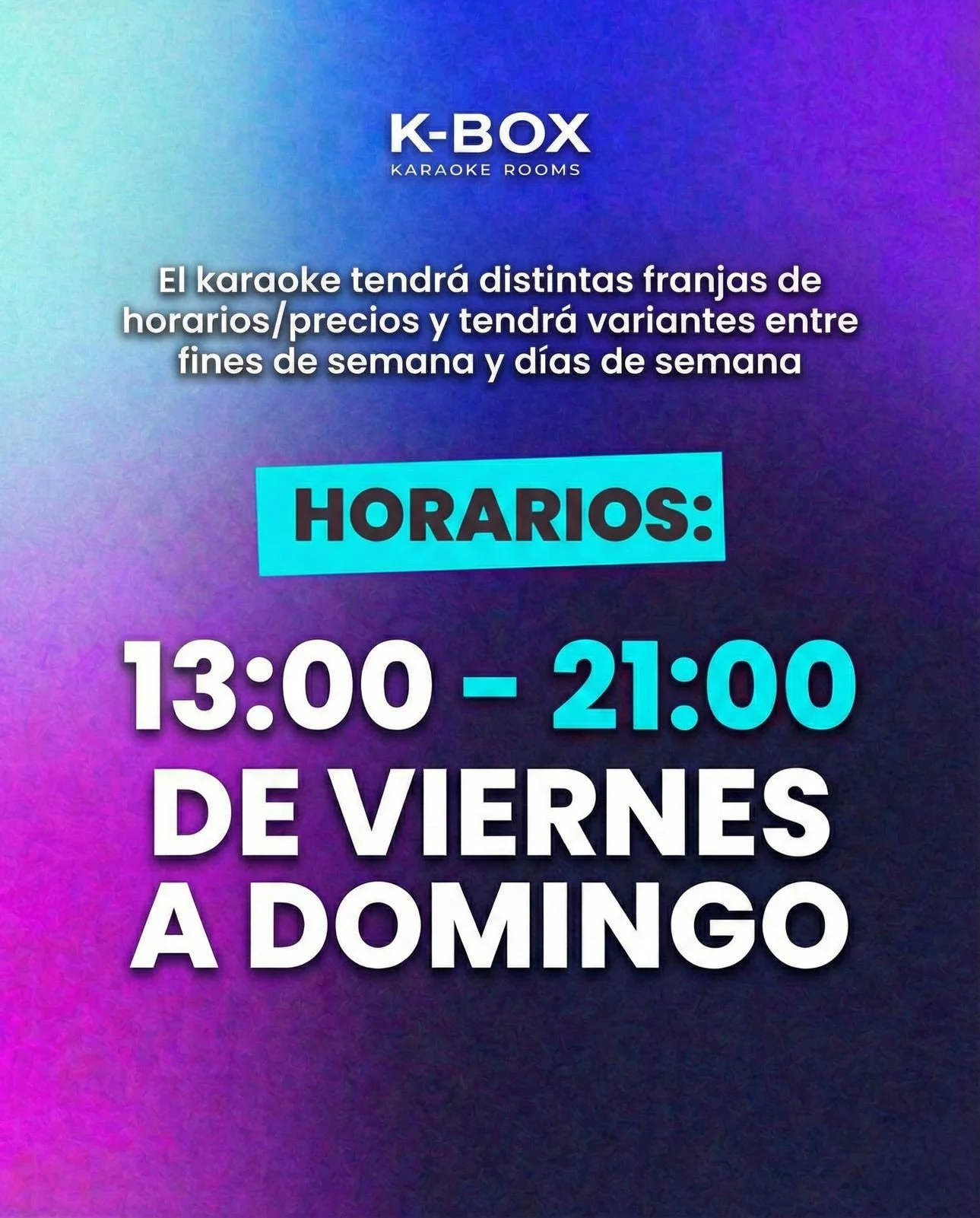 Algo que tanto nos pidieron en K-Box Karaoke Rooms, ac&aacute; est&aacute;. Nuestros horarios y precios de las salas, las cuales se dividir&aacute;n entre peque&ntilde;as y grandes. 🎤

Desde este s&aacute;bado 31/01 ven a disfrutar del karaoke como 