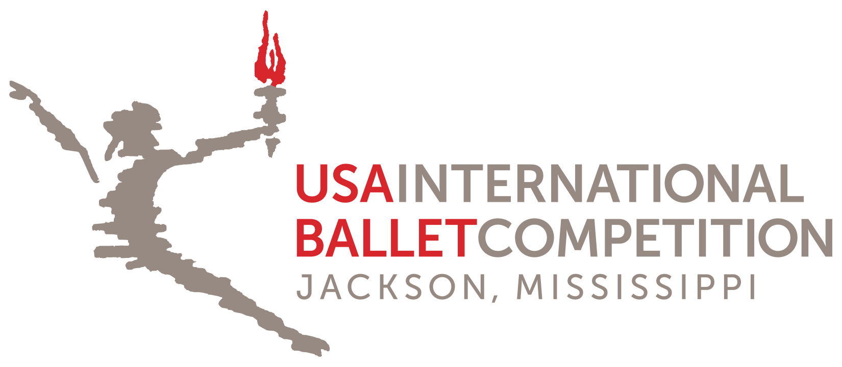 Logo for the USA International Ballet Competition in Jackson, Mississippi, featuring a dancer silhouette holding a torch, with text highlighting the event's name and location.
