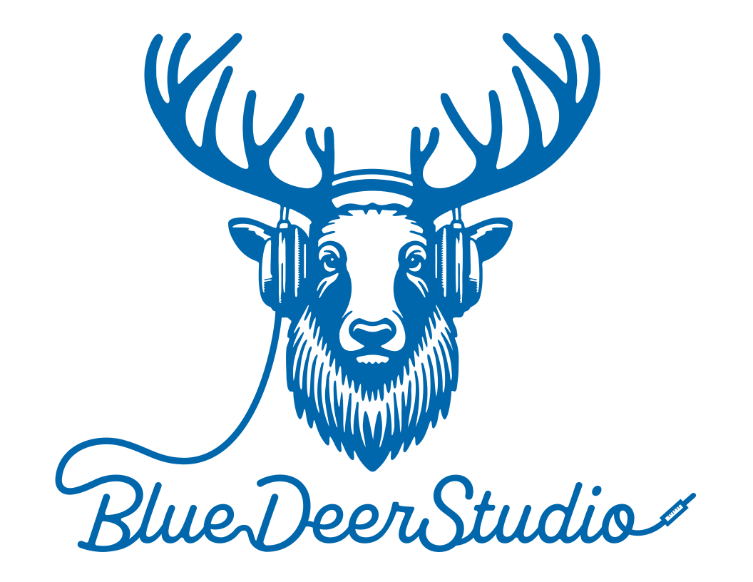 A blue illustration of a deer's head with large antlers wearing headphones with a music cable connected to a syringe. Below the image, the text reads "Blue Deer Studio."