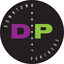 Logo for Downtown Jack's Partners featuring large purple 'D' and green 'P' on a black circular background, with white text around the edges.