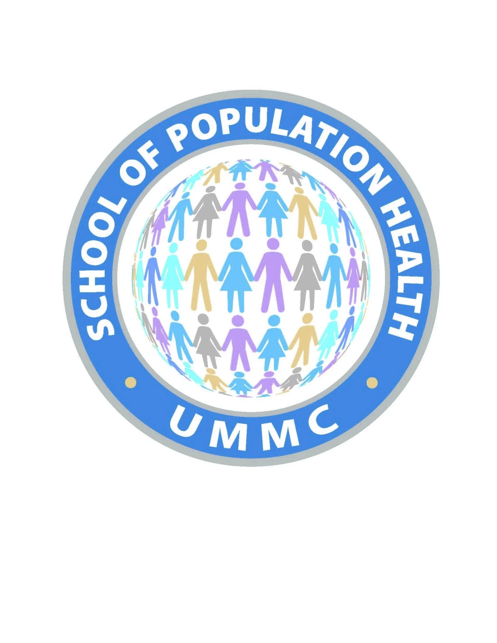 A circular emblem with the words "School of Population Health, UMMC" surrounding a globe-like illustration of multicolored human figures holding hands.