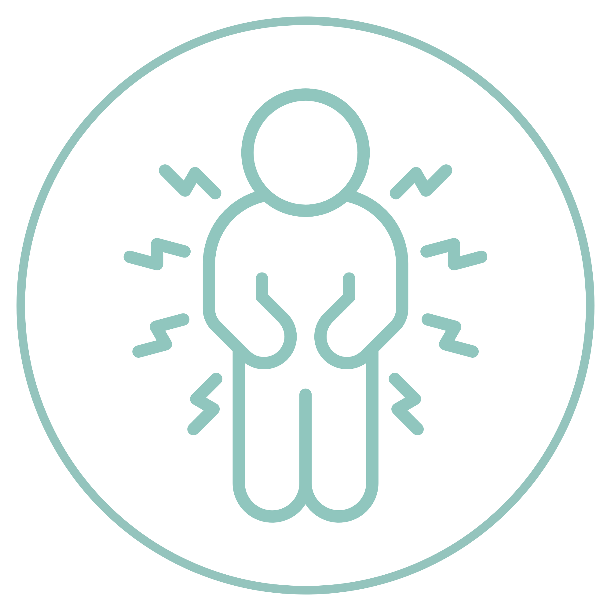 Line drawing of a person experiencing pelvic pain with radiating lines around their abdomen.