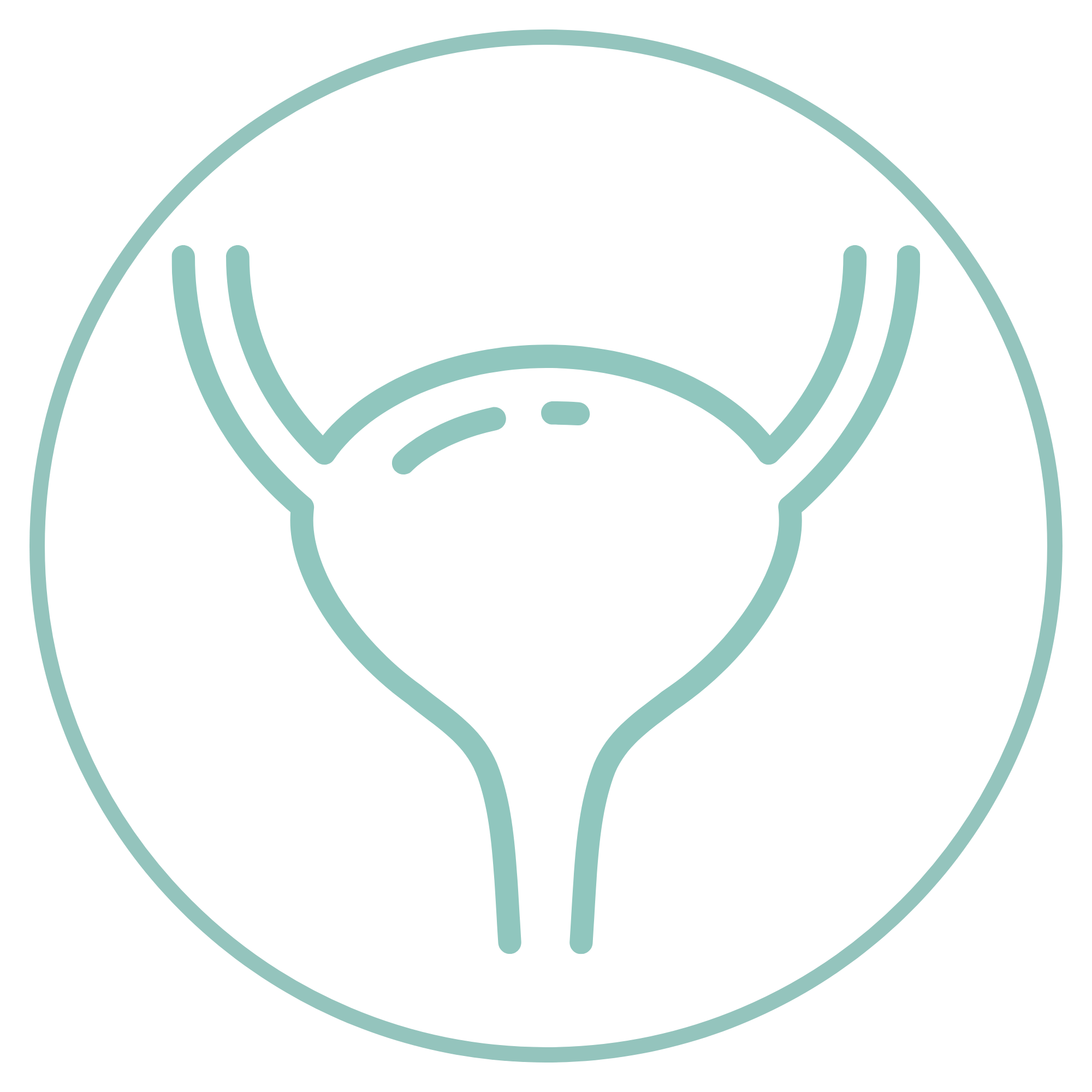 Outline of a female urinary system in a circular frame.