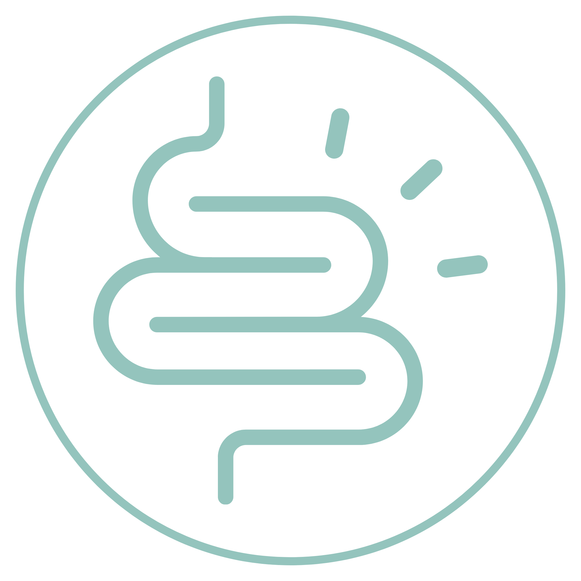 Line art illustration of an intestinal tract in a circular frame.