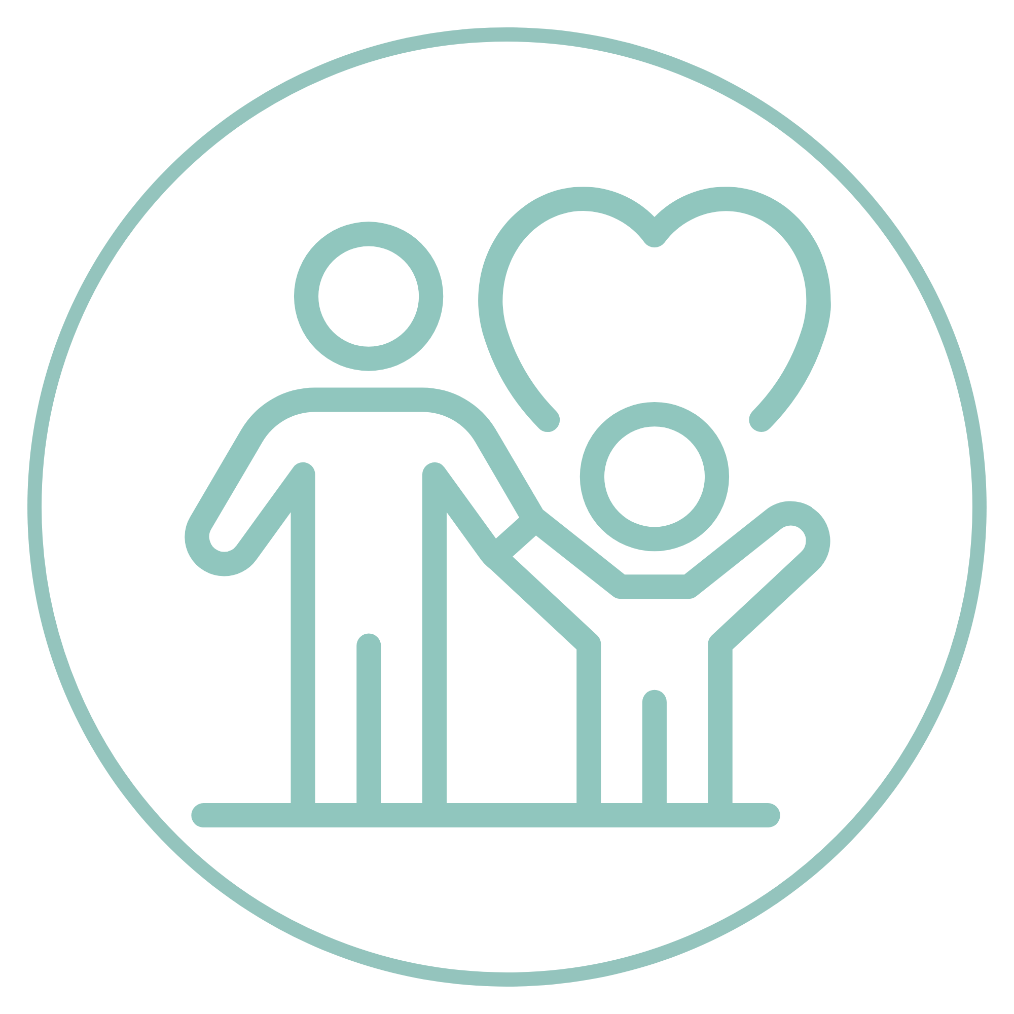 Line drawing of an adult and child holding hands with a heart behind them inside a circular frame.