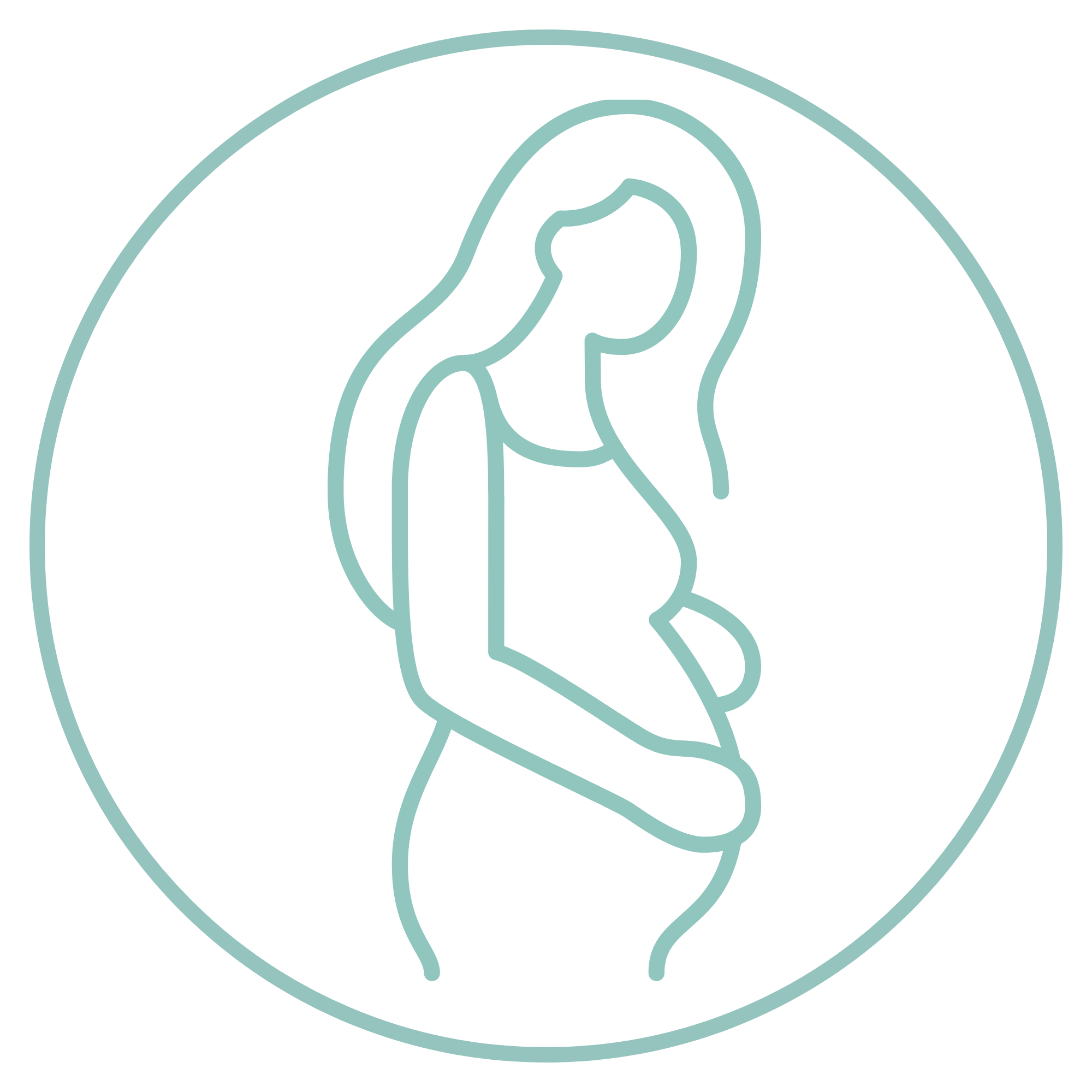Line drawing of a pregnant woman in profile with long hair, holding her belly.