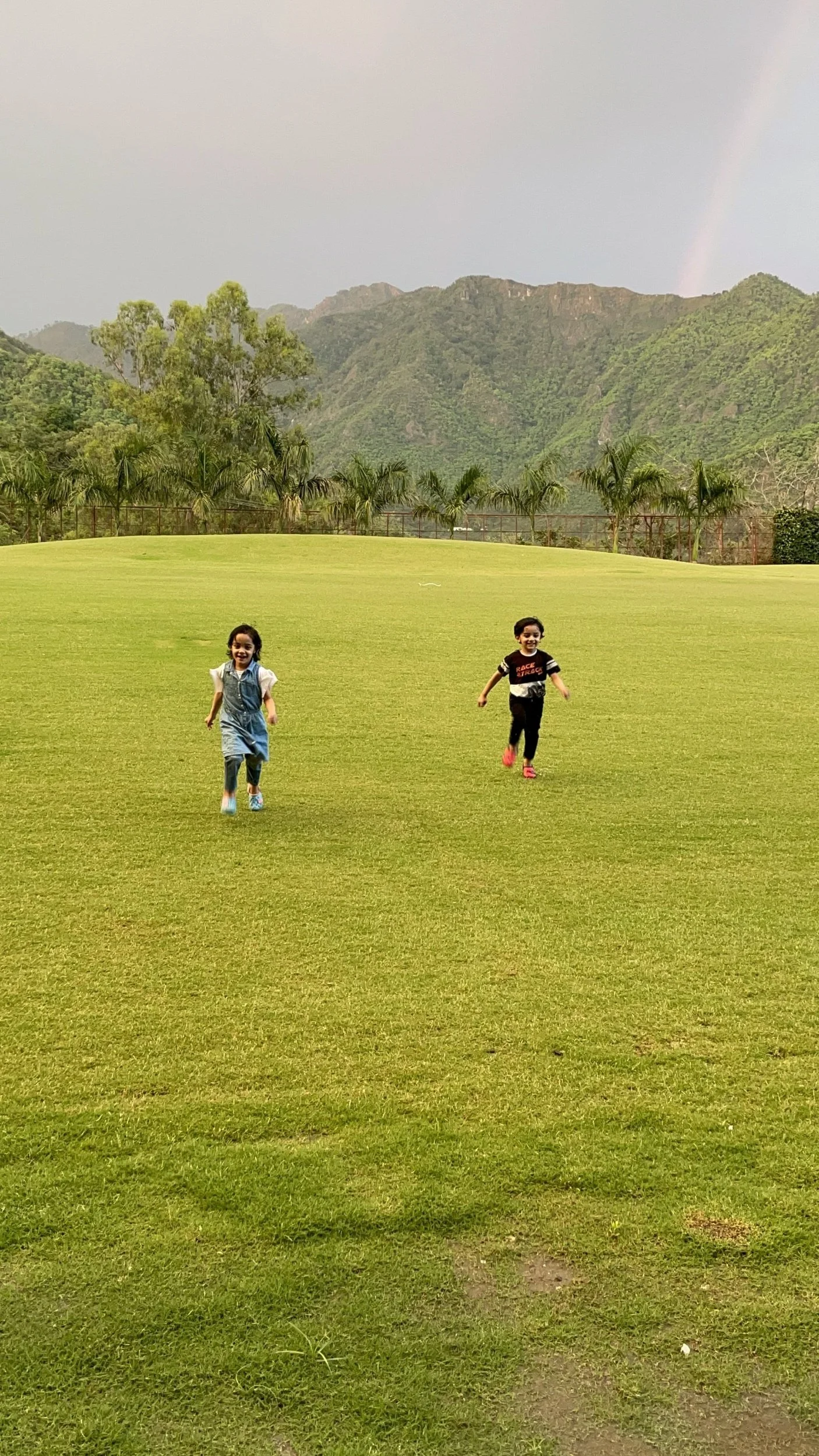 Two children running on a grassy field with mountains and trees in the background.