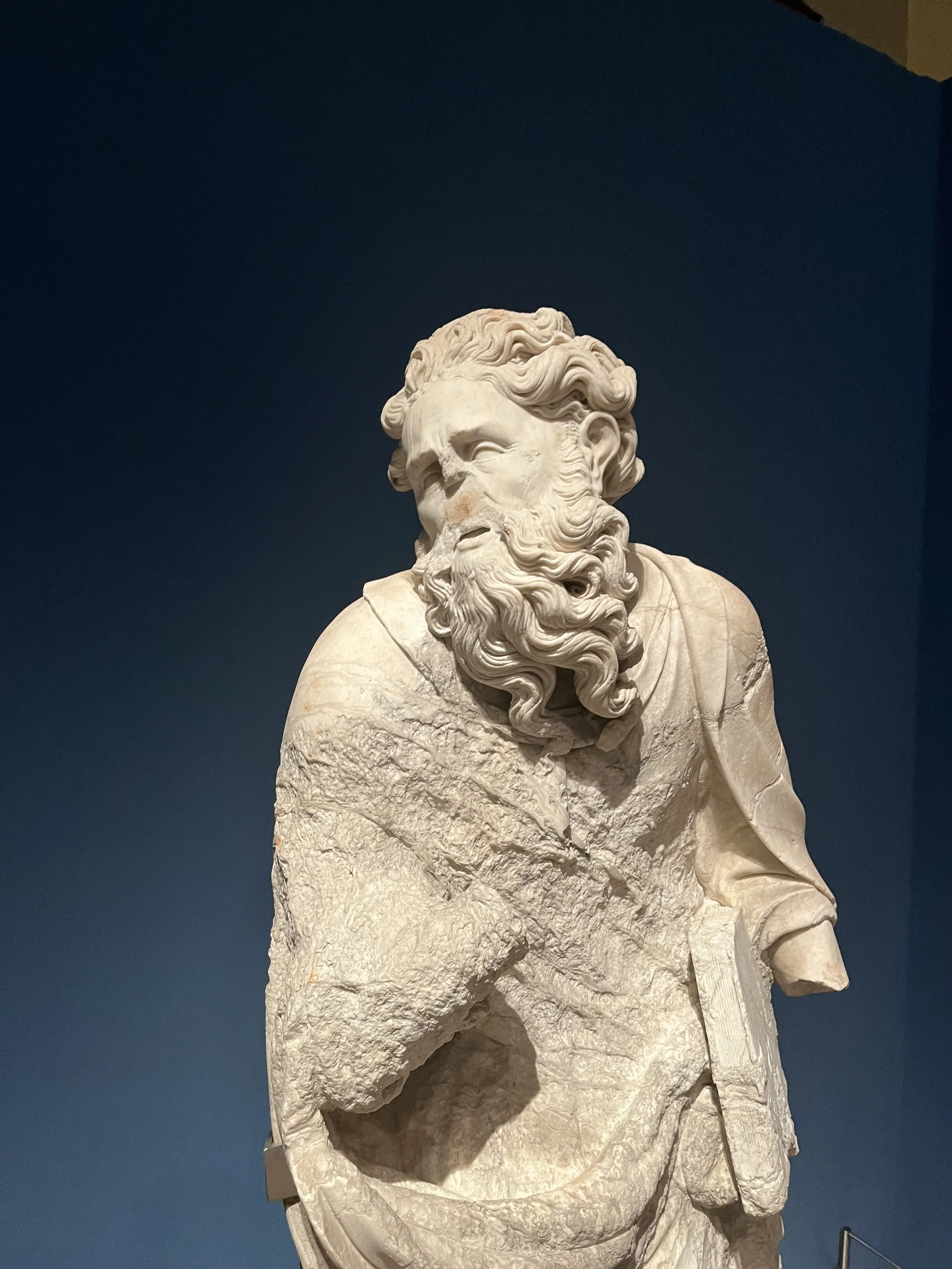 Ancient white marble sculpture of a bearded male figure with long, curly hair, wearing a cloak, displayed against a dark blue background.