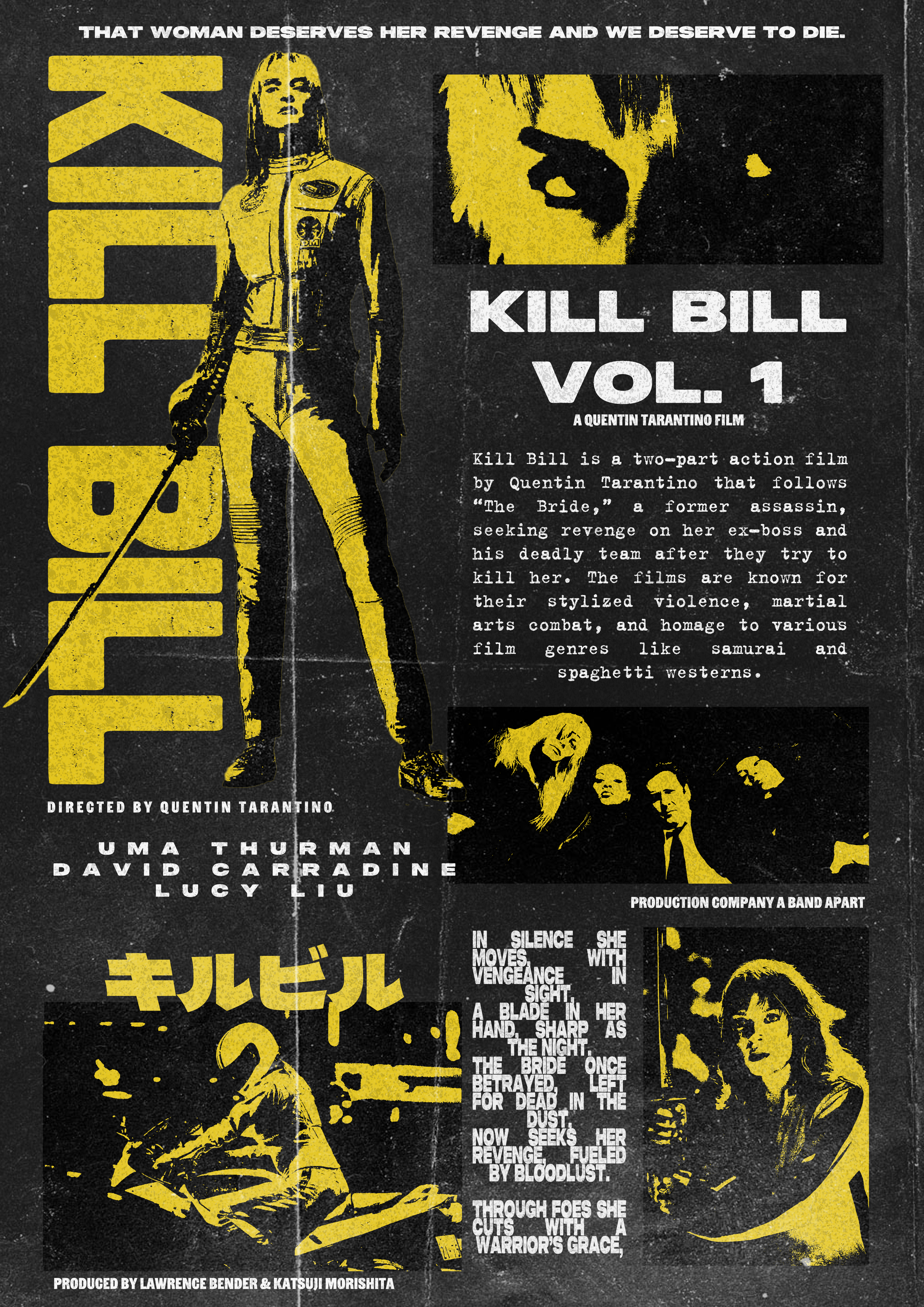 Stylized poster for the film "Kill Bill Vol. 1" featuring a woman in a yellow jumpsuit with a sword, black and white text, and multiple smaller images of female characters from the movie.