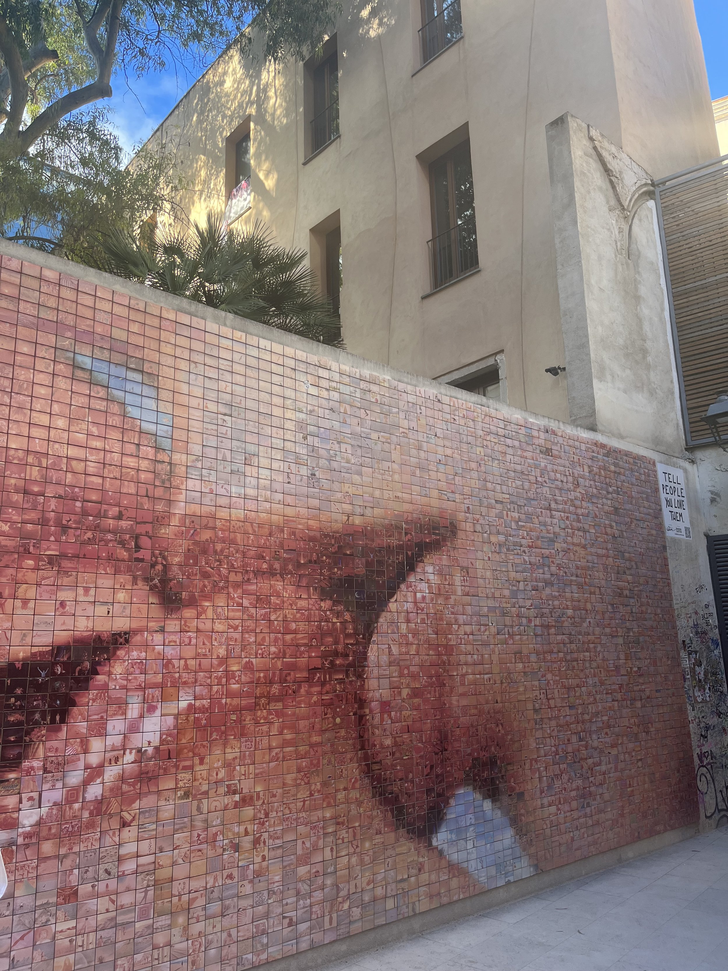 Mosaic street art of a woman's face with closed eyes and long hair, in pink and red tones, on an exterior wall of a building.