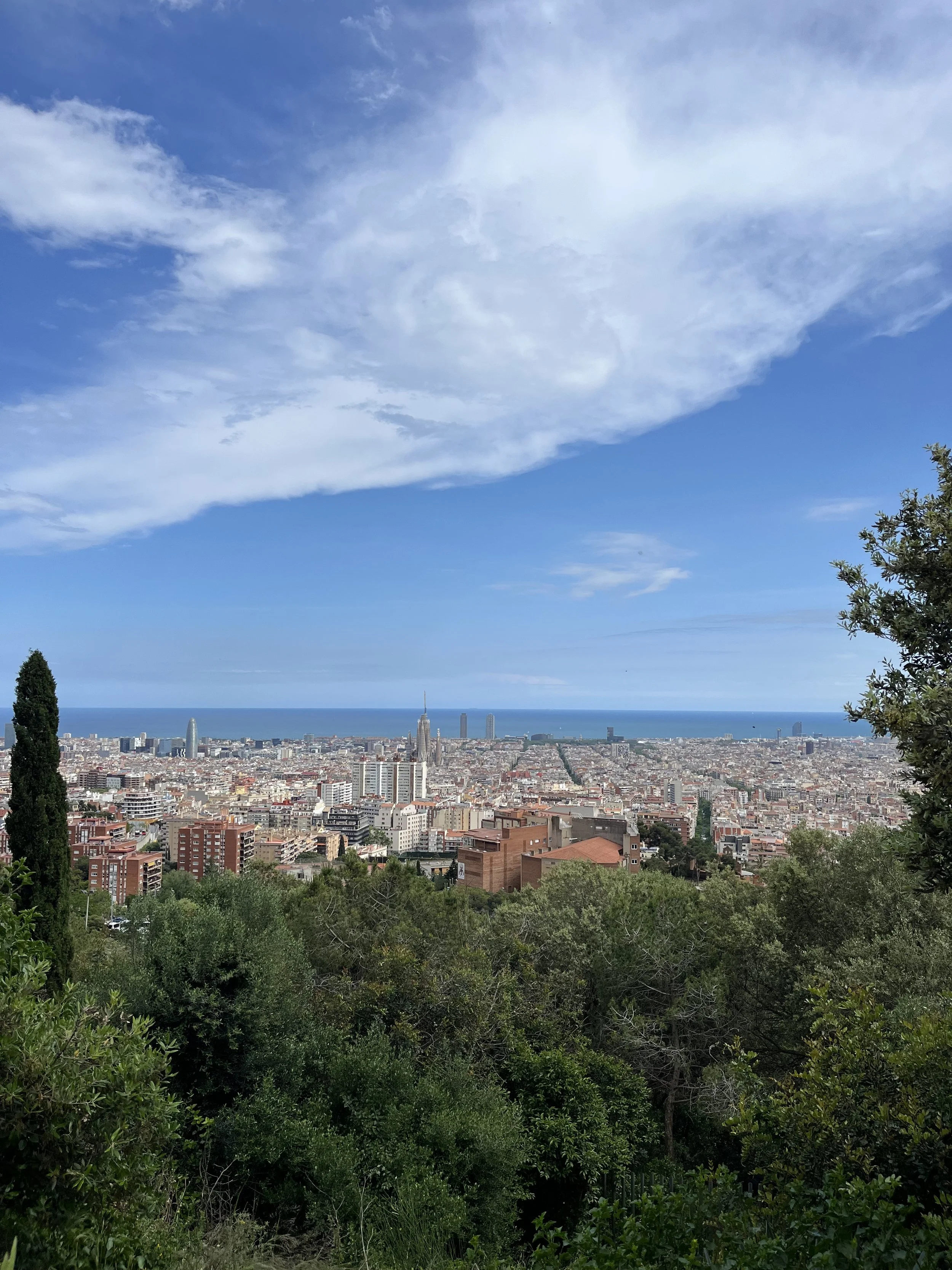 Cityscape view of Barcelona, Spain, with tall buildings near the coast, surrounded by greenery and trees in the foreground, under a partly cloudy sky.
