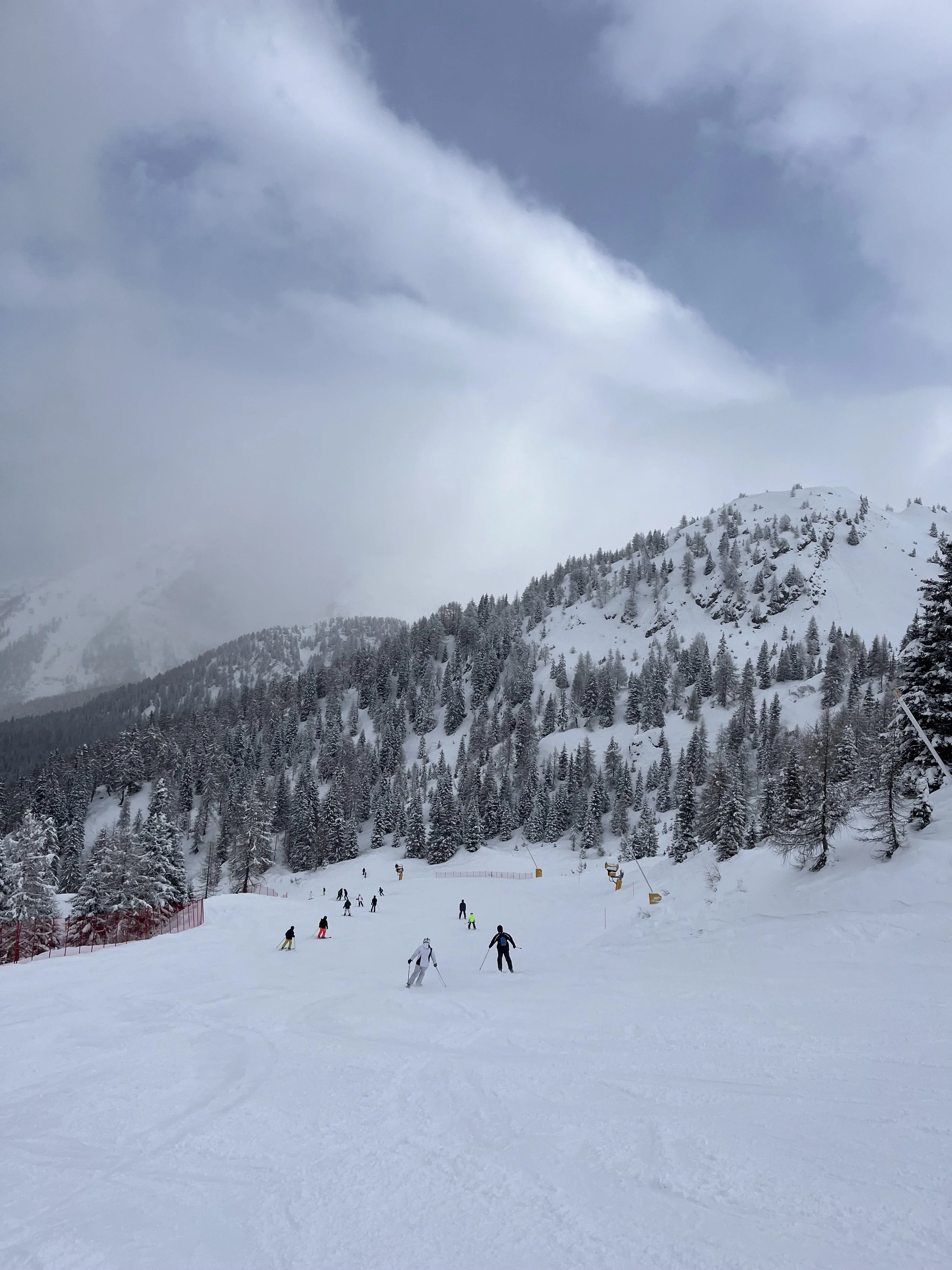 People skiing on a snow-covered slope surrounded by snow-covered trees and mountains under cloudy sky.