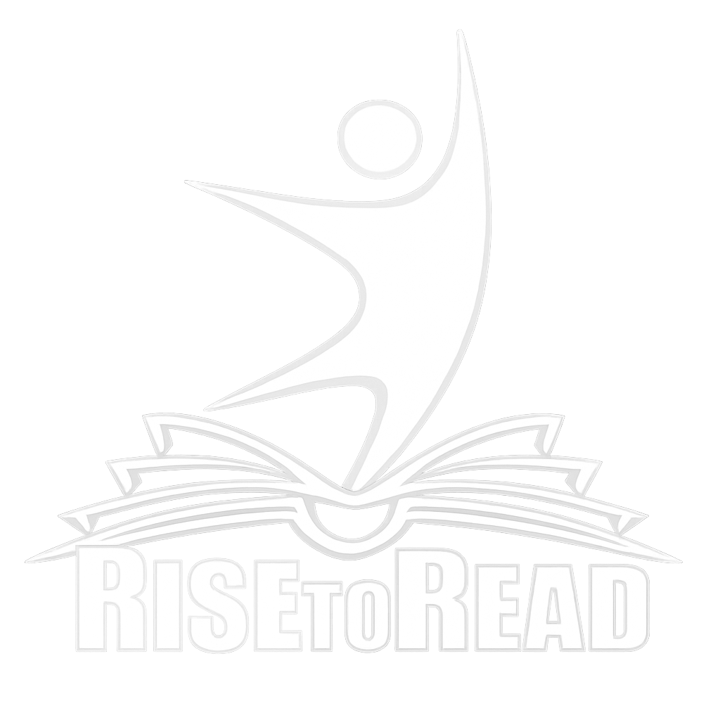 Logo for RISE to READ featuring an open book with a stylized person jumping out of it and the text RISE to READ underneath.