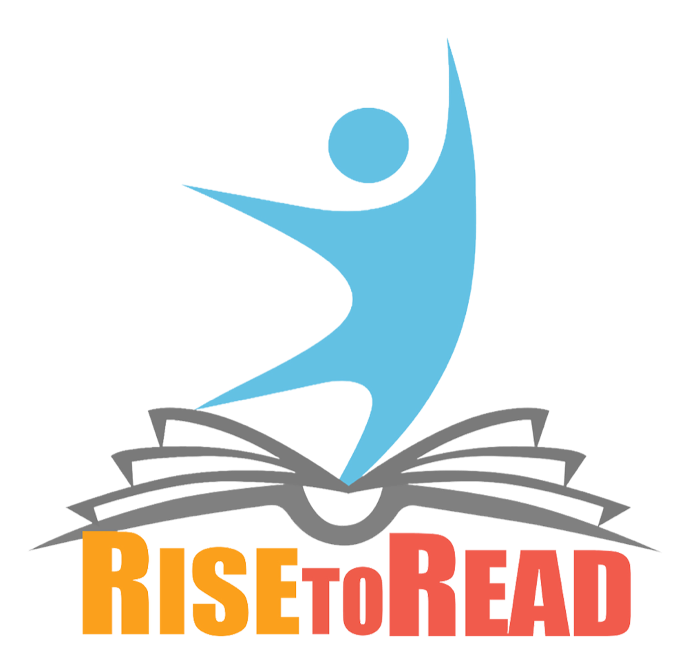 Logo with a blue stylized figure jumping out of an open book, with the text 'RISE to READ' in colorful letters below.