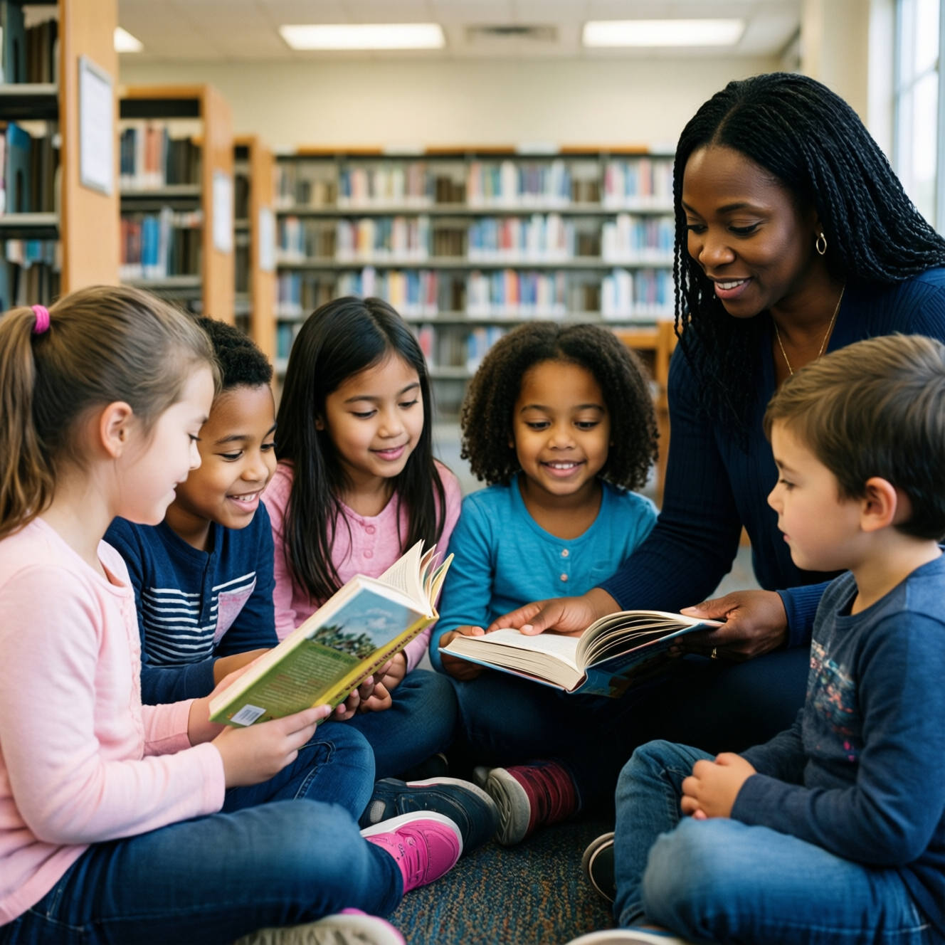 A female teacher reading a book to a group of young students seated on the floor in a library