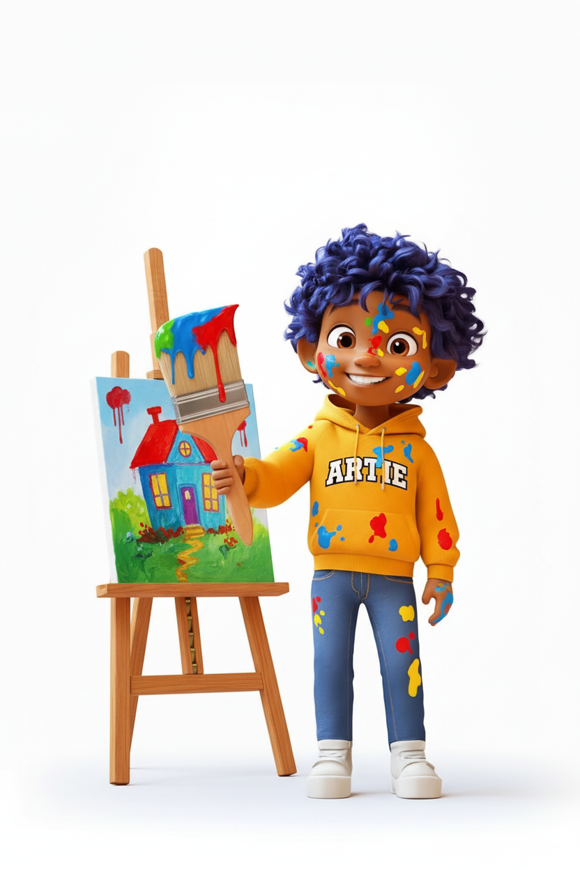 Animated child with blue curly hair wearing a yellow hoodie, holding a paintbrush, standing next to an easel with a colorful house painting, covered in paint splatters.