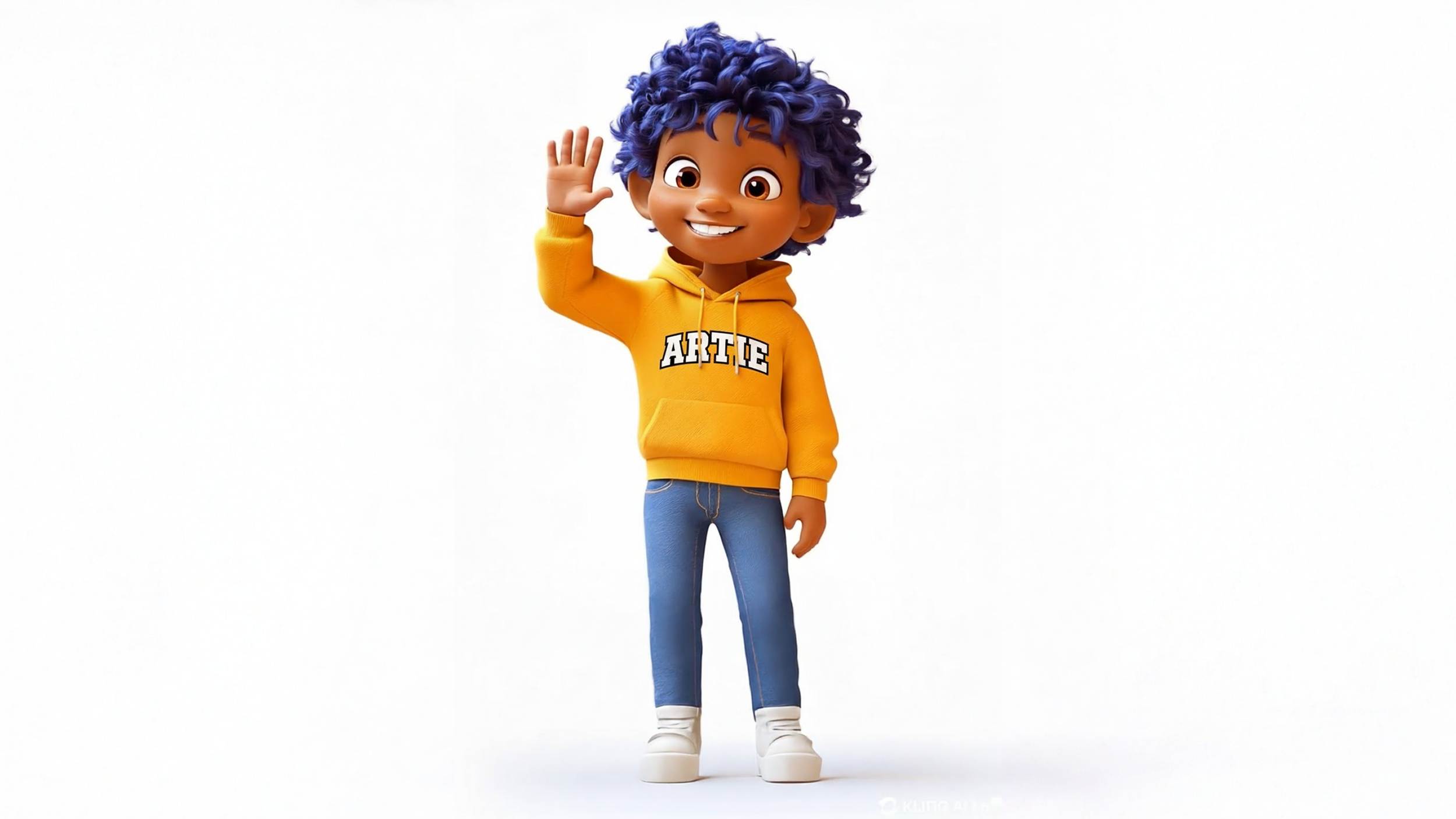 Animated character with curly purple hair wearing a yellow hoodie with 'ARTIE' written on it, blue jeans, and white sneakers, smiling and waving.