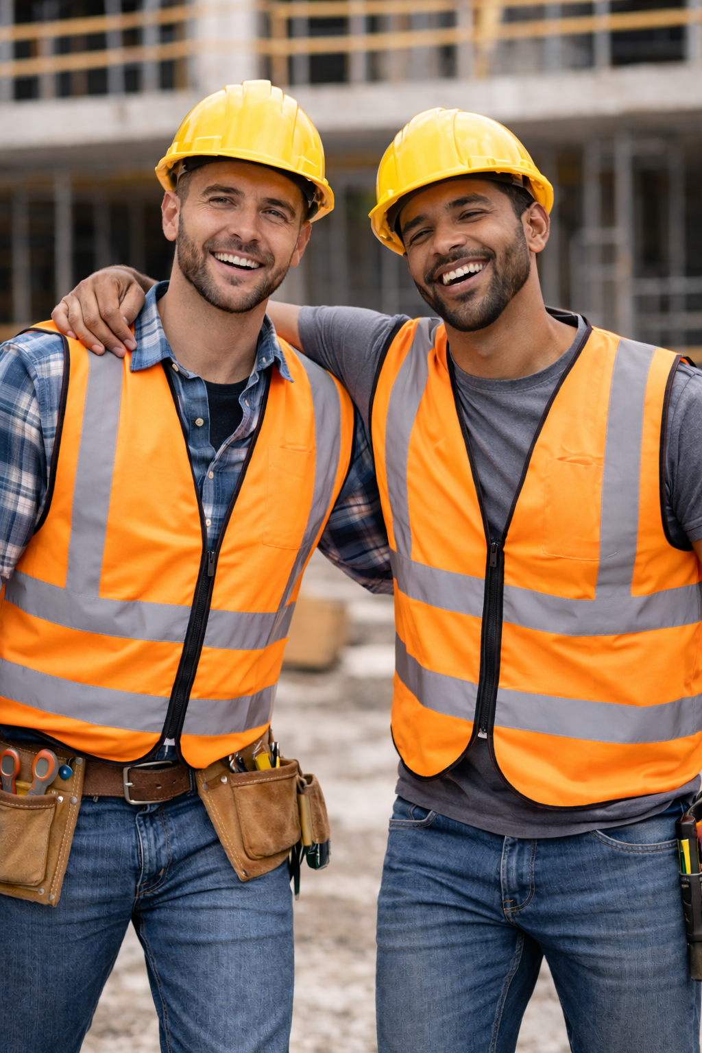 Two smiling construction workers with yellow hard hats and orange safety vests at a construction site.