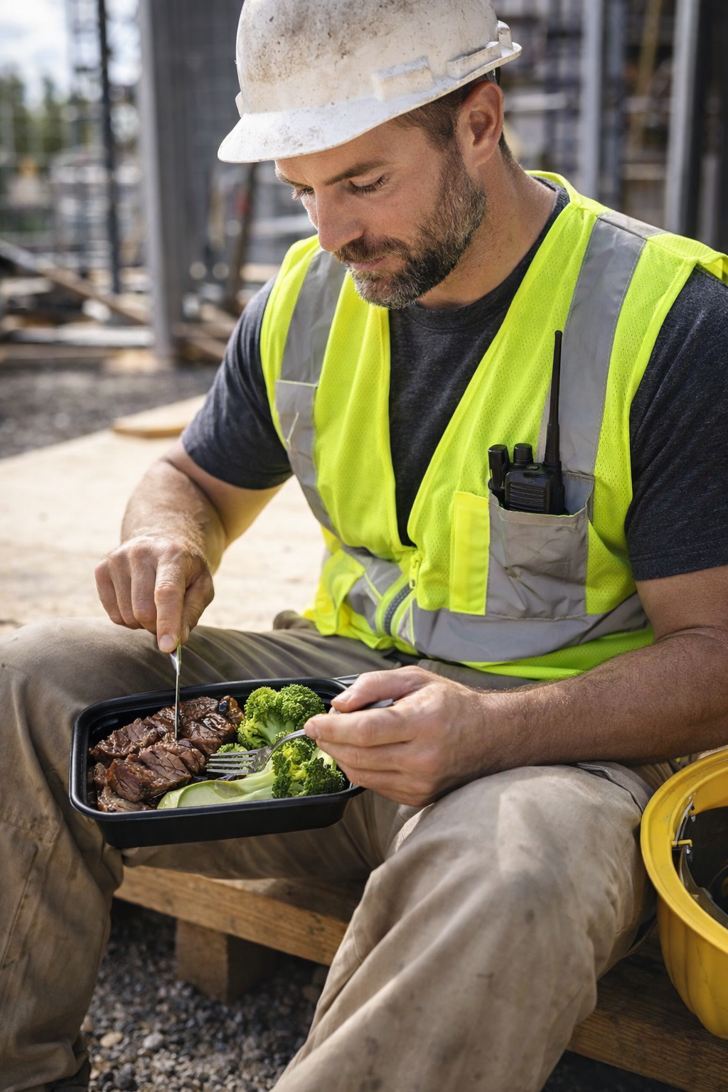 A construction worker in a neon yellow safety vest and white hard hat sitting outdoors at a construction site, eating a meal from a black tray with broccoli and grilled meat.