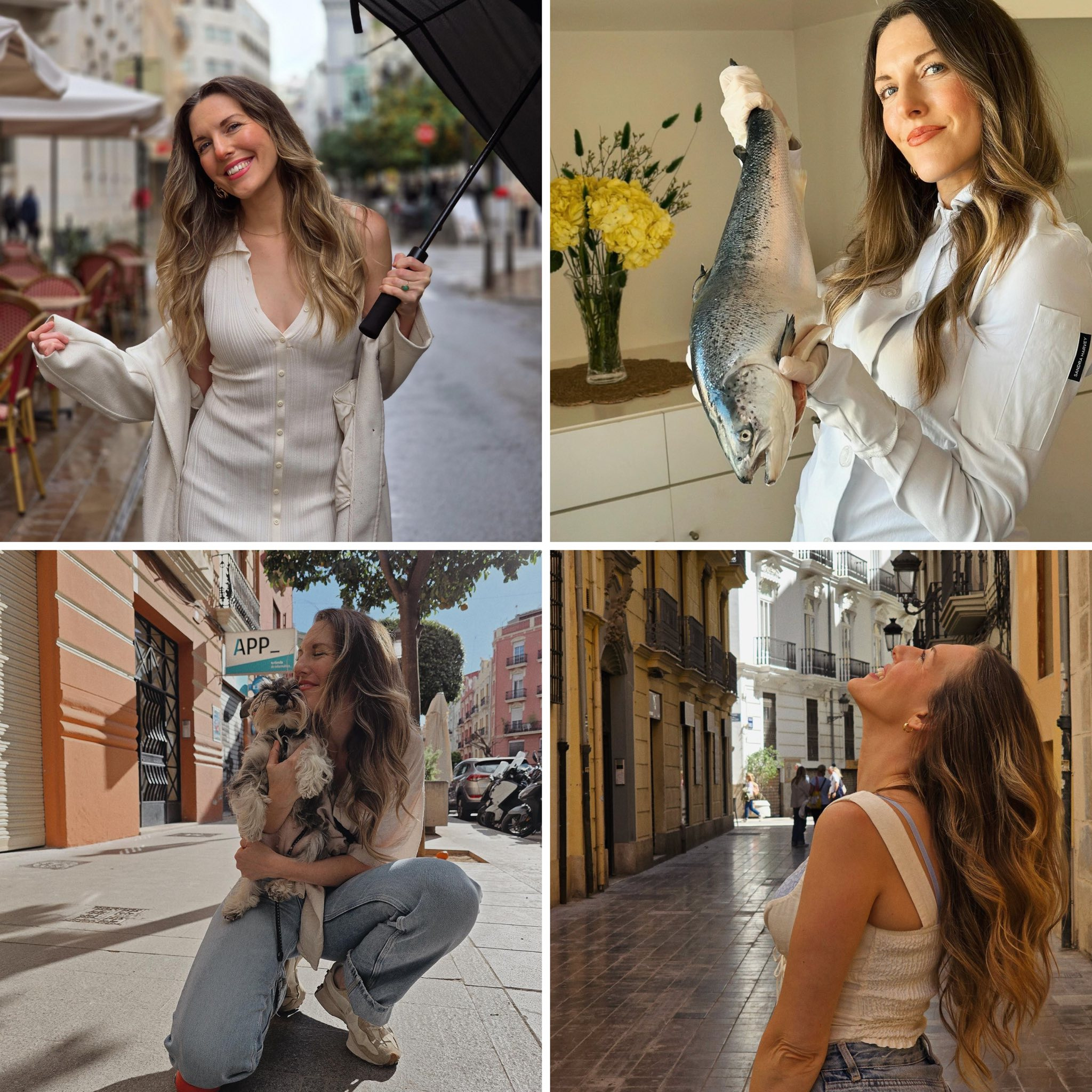 A collage of four photos showing a woman with long wavy hair and light skin. In the top left photo, she is smiling and walking on a city street holding an umbrella. In the top right photo, she is indoors, wearing gloves, and holding a large fish. In the bottom left photo, she is outdoors, sitting on the sidewalk, holding a small dog, and smiling. In the bottom right photo, she is outdoors in a narrow street, looking up and smiling with her mouth open.