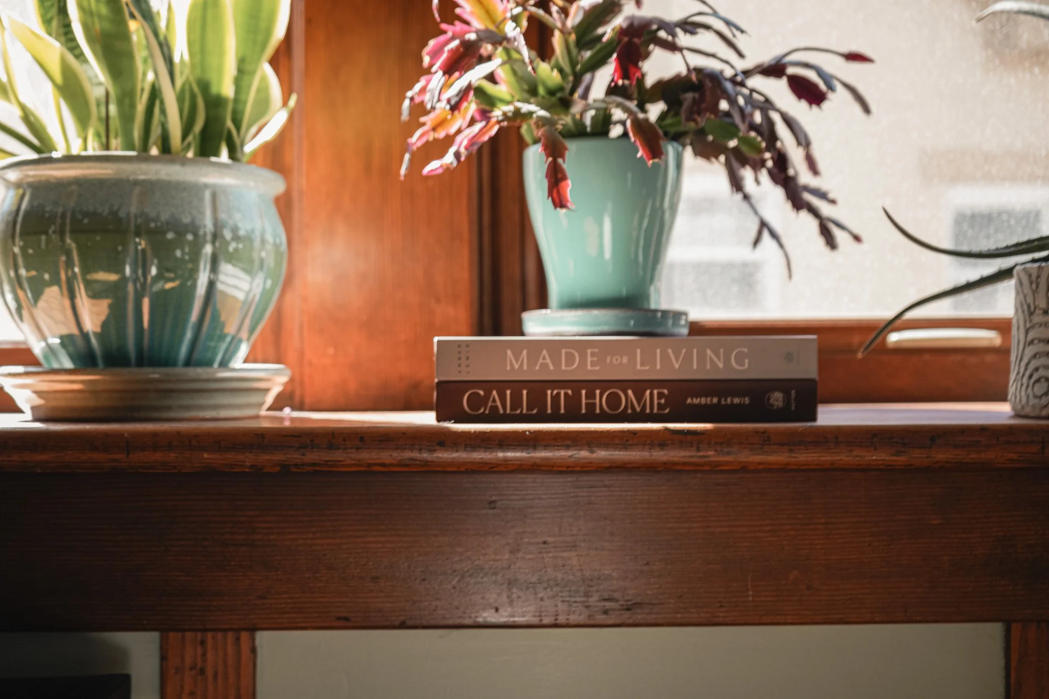 Interior styling by Curated Style Collective with ceramic planters, flowering greenery and stacked design books displayed against original warm wood trim.