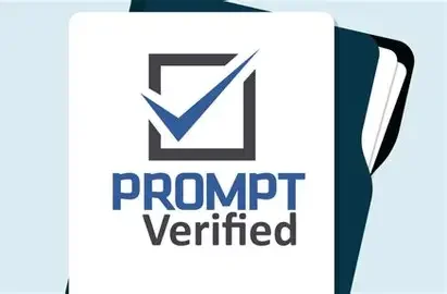 A logo with a check mark inside a square, the words "PROMPT Verified" beneath, on a light background with a dark border.