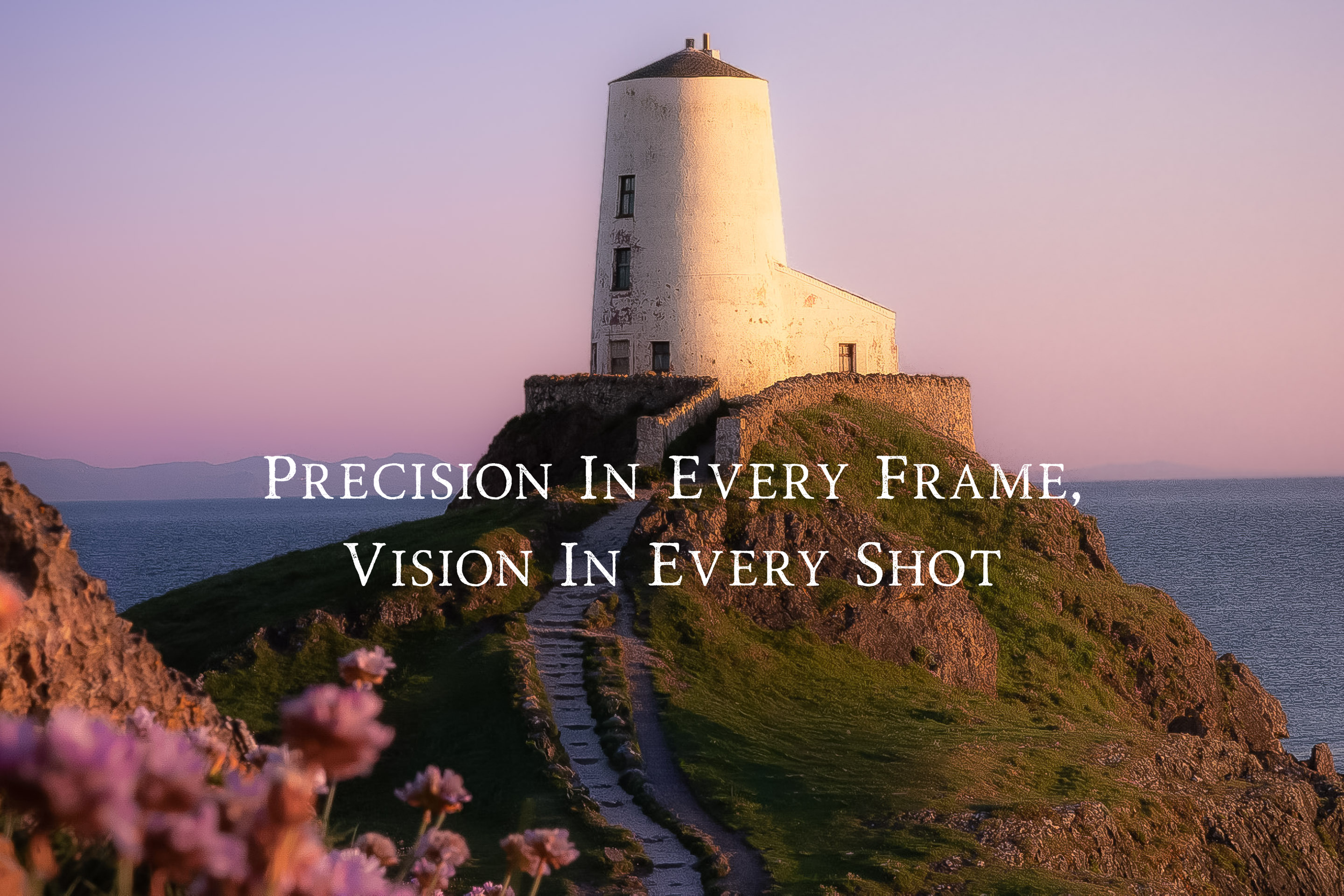 A lighthouse on a grassy hill overlooking the ocean at sunset, with pink and purple sky, text overlay: 'Precision In Every Frame, Vision In Every Shot'.