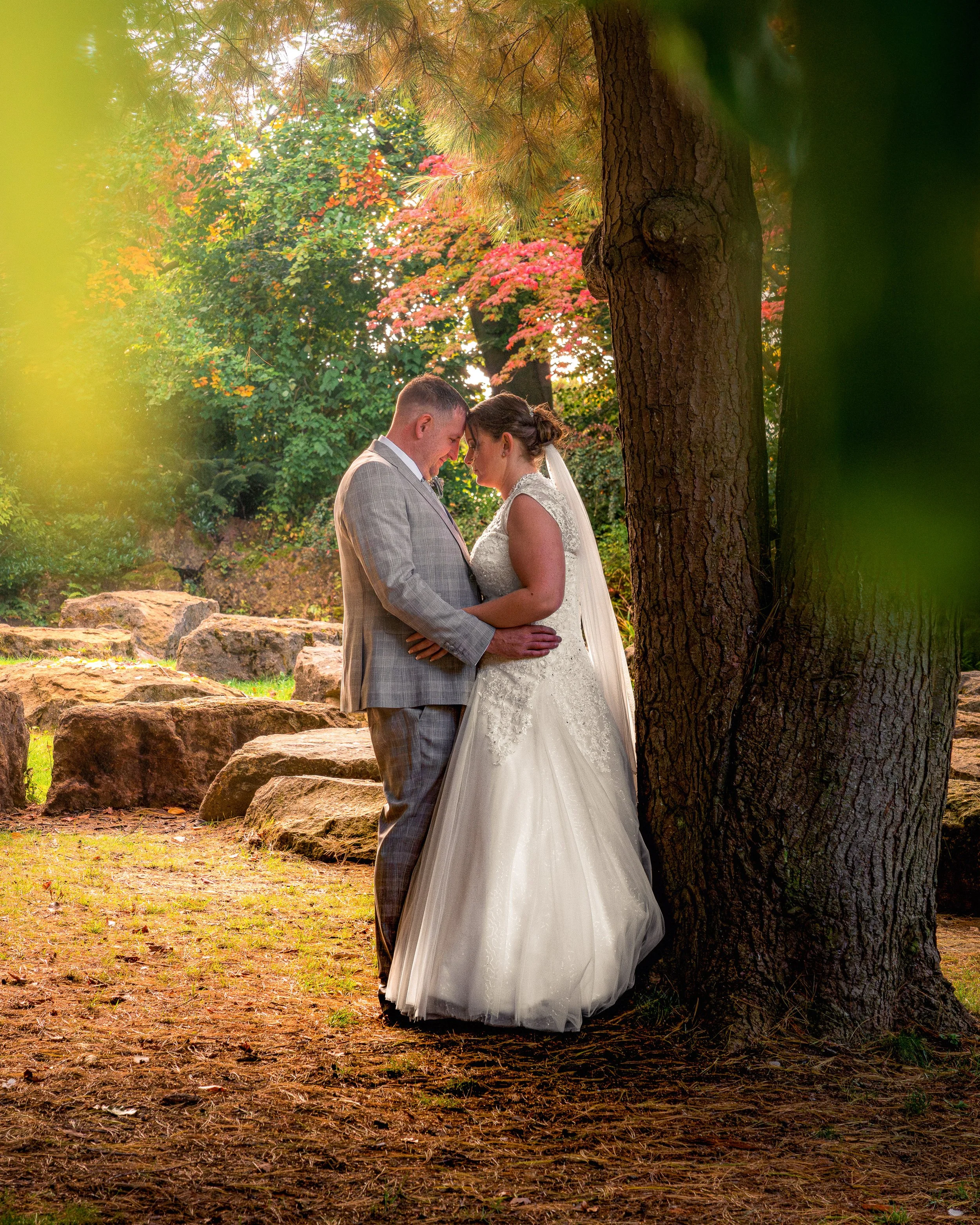 A bride and groom stand close together outdoors during sunset, with their foreheads touching, beneath a large tree, surrounded by colorful autumn foliage and rocks.