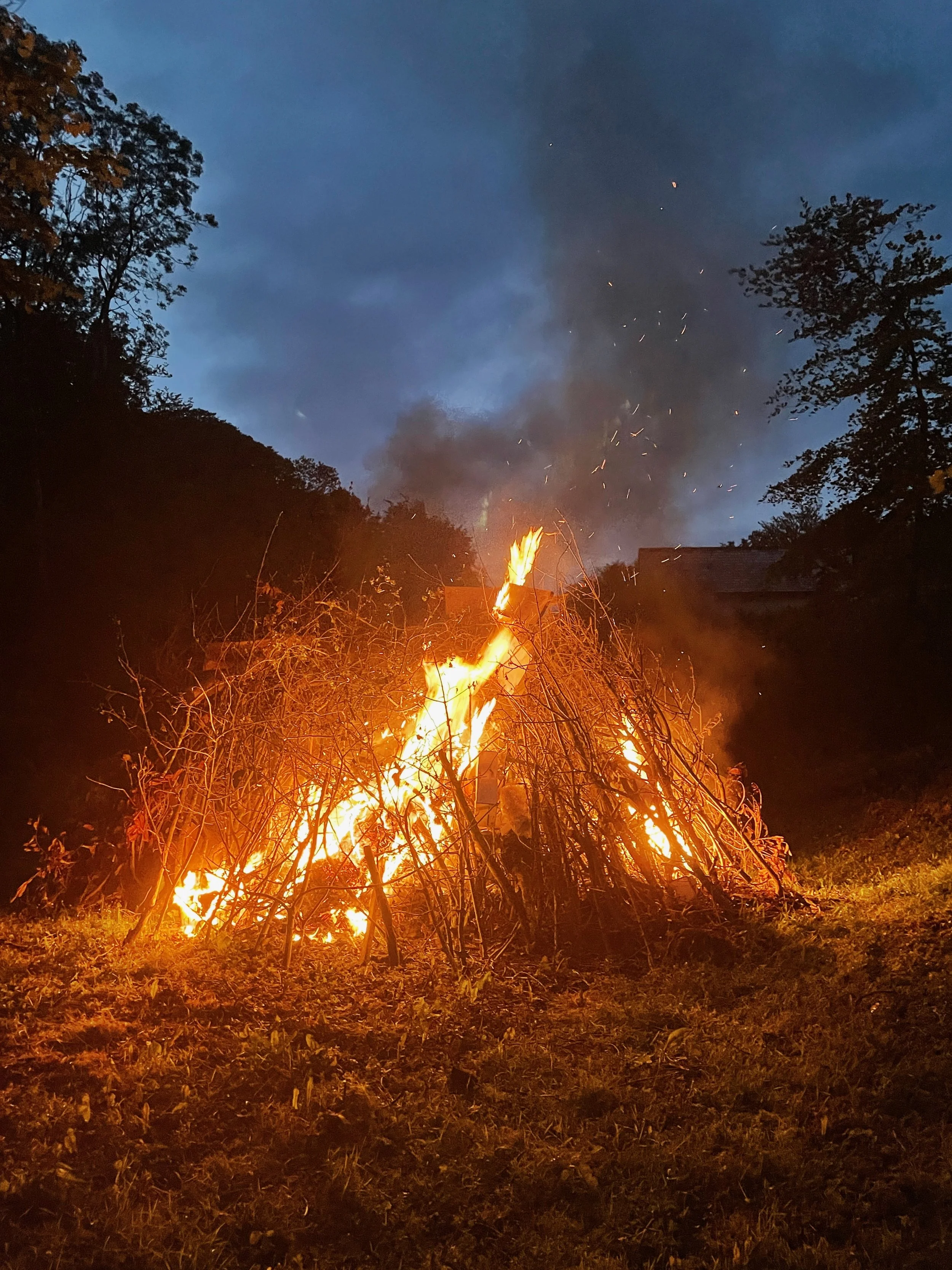 A large outdoor bonfire with burning wood and branches, with smoke rising into the evening sky surrounded by trees.