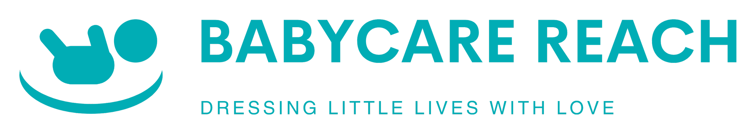 Babycare Reach logo featuring a baby head silhouette on a smiley face and the tagline "Dressing Little Lives with Love".