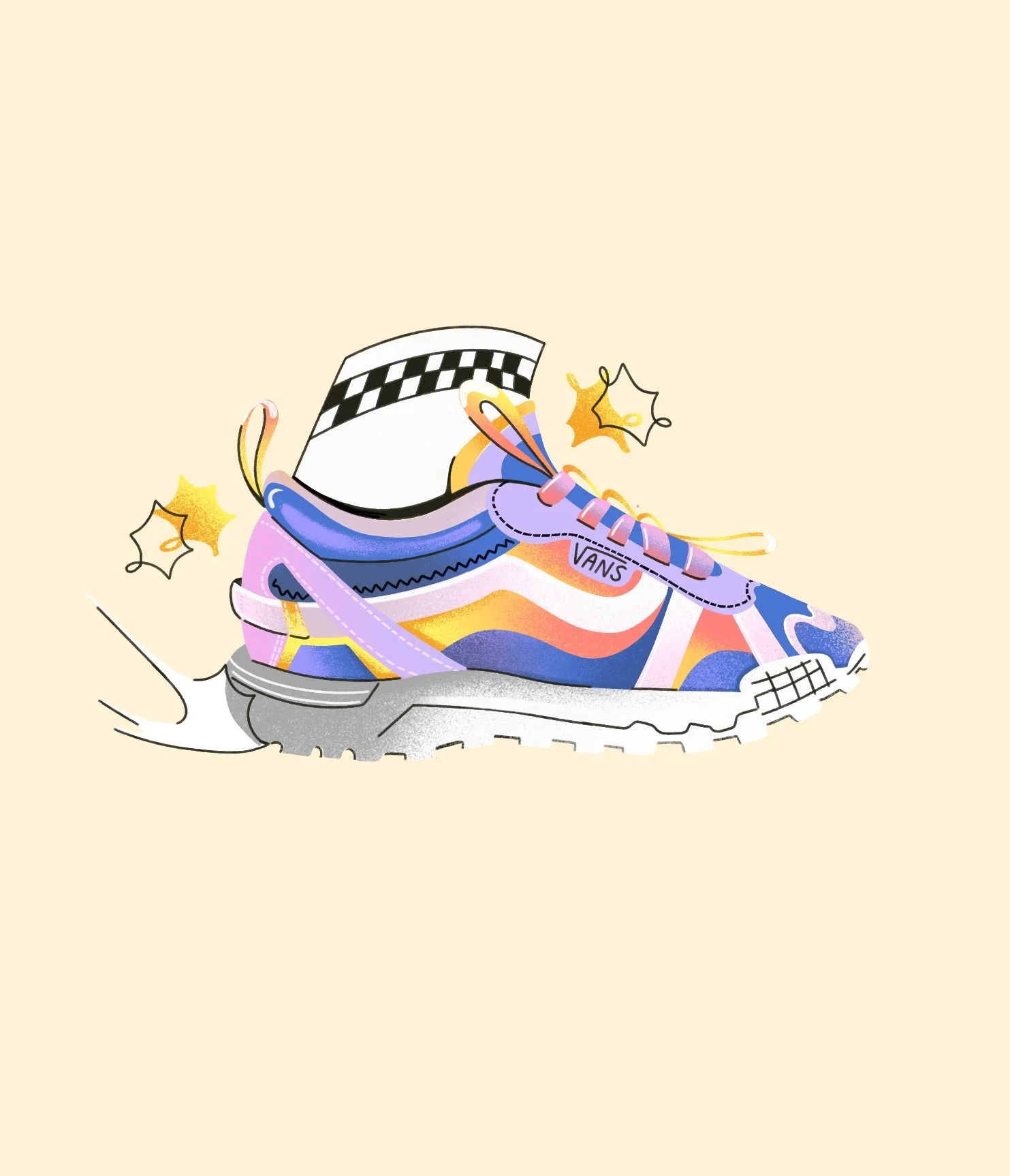 Colorful illustration of a running shoe with a checkered flag pattern on the tongue, surrounded by starburst effects, on a beige background.