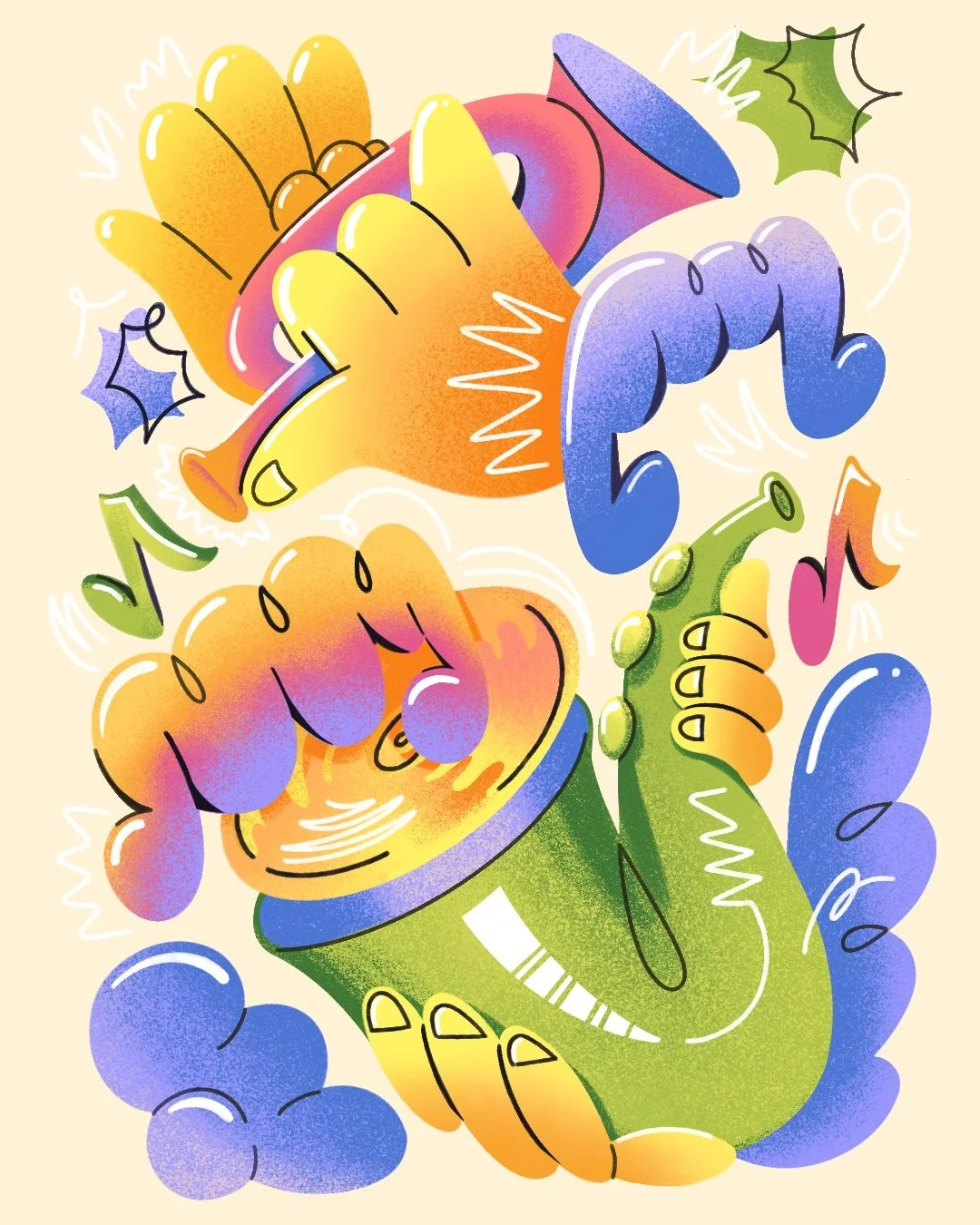 Colorful, abstract illustration of a hand holding a trumpet can and other objects, surrounded by festive elements like bubbles, musical notes, and expressive shapes.