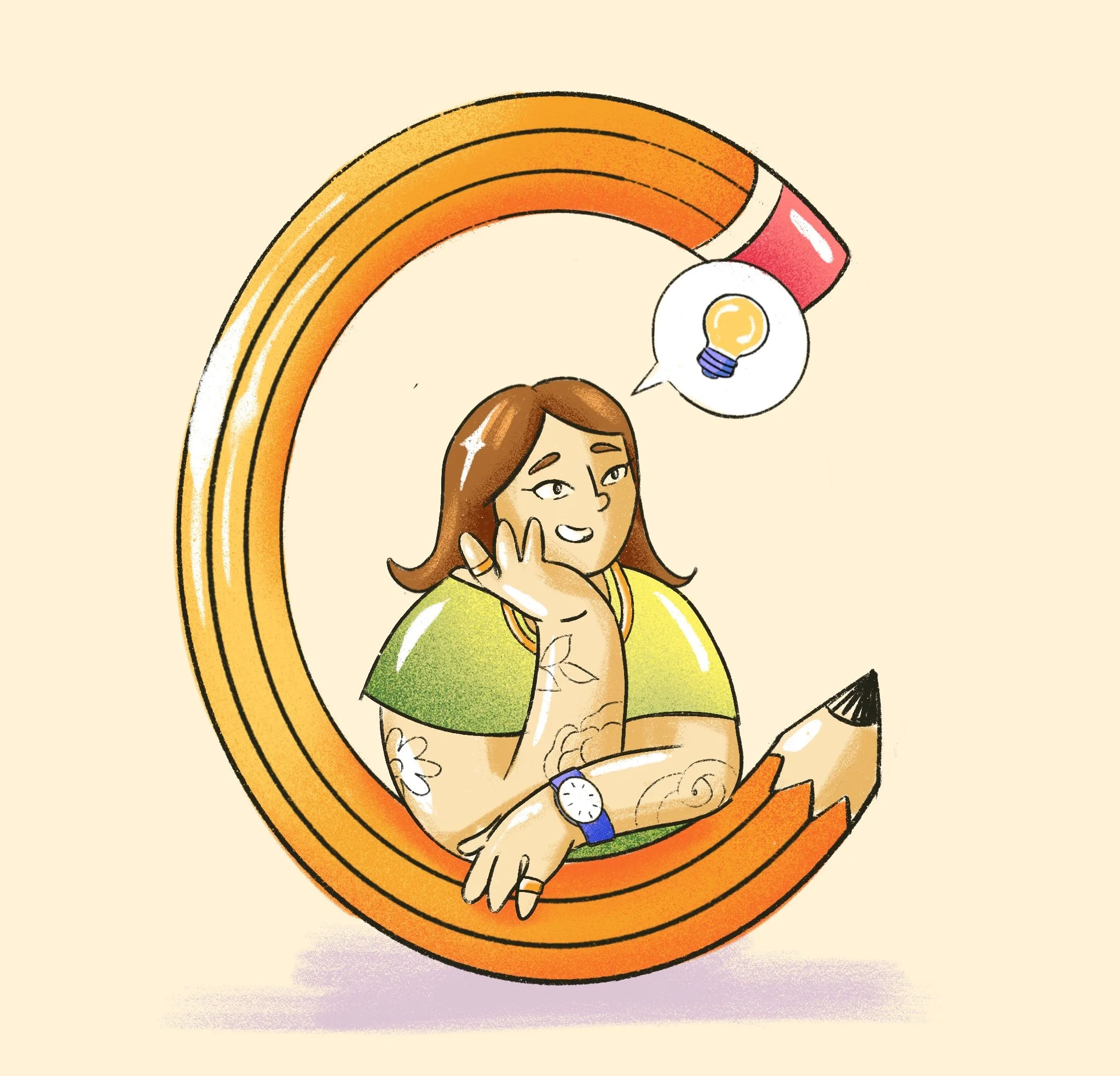 A cartoon-style illustration of a woman with long brown hair, smiling, with a rainbow above her head and a speech bubble containing a light bulb. She is wearing a green shirt and a wristwatch.