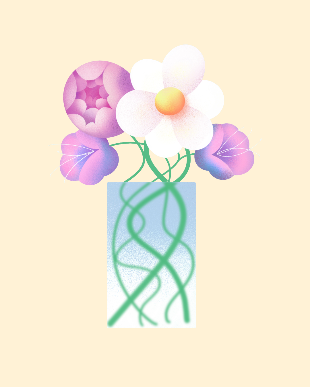 An abstract illustration of a flower bouquet in a vase, with white, pink, and purple flowers against a light beige background.