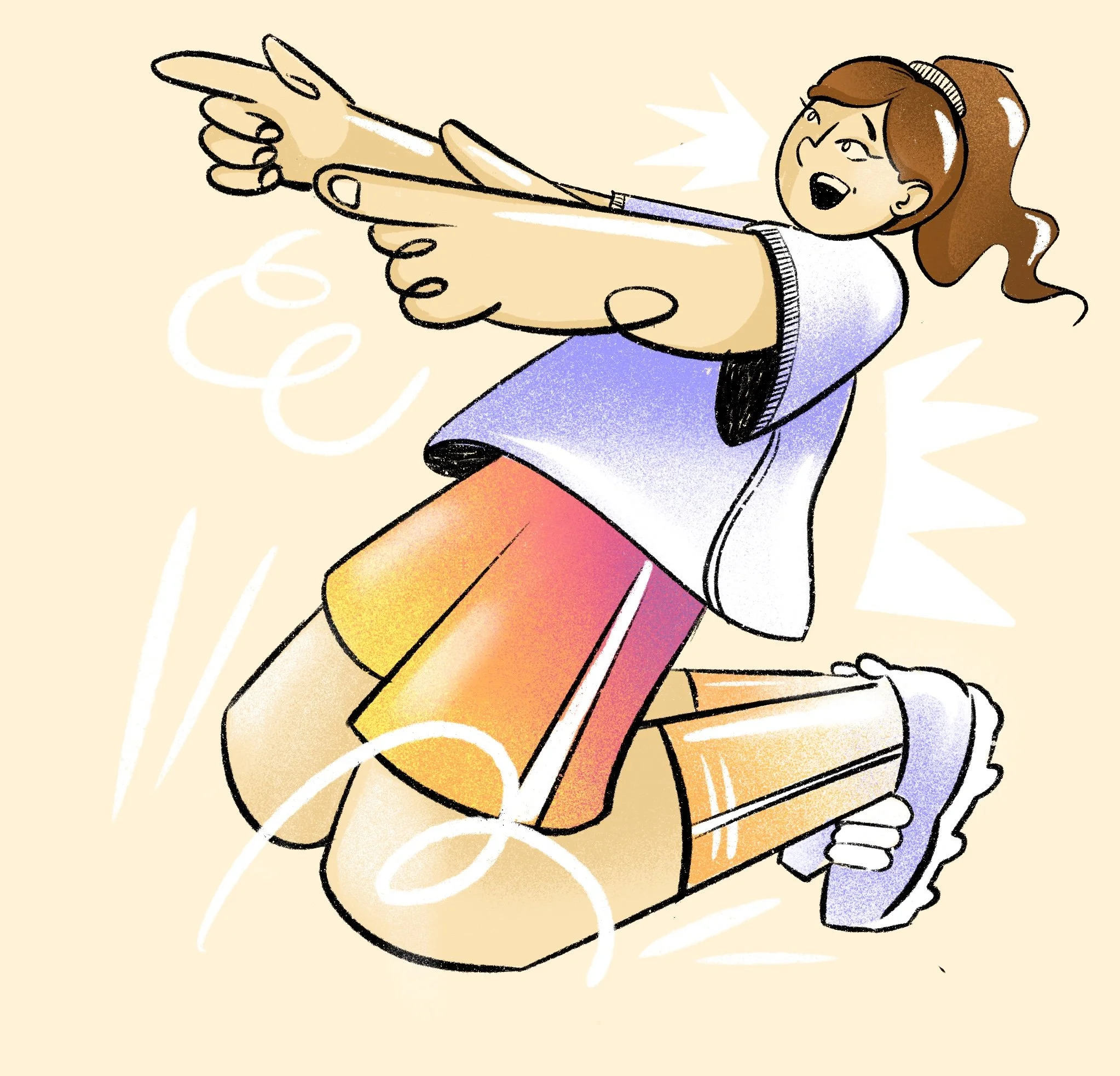 A girl with long brown hair wearing a gray sweater and pink pants, excitedly holding a large closed envelope or document with a pen, with lines resembling movement or action around her.