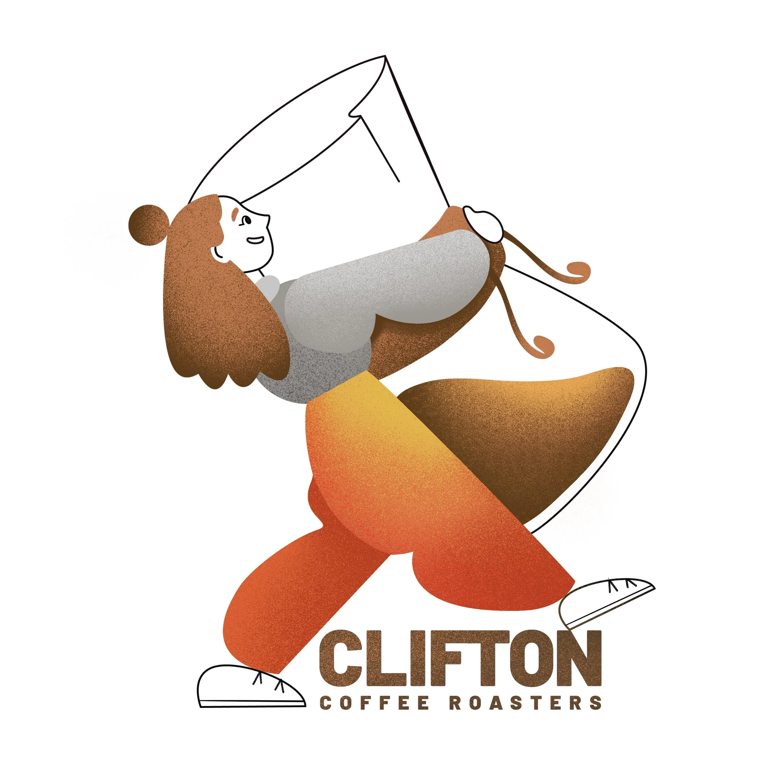 Logo for Clifton Coffee Roasters featuring a smiling girl with red hair and a dog with floppy ears, both inside a coffee cup shape with the brand name below.