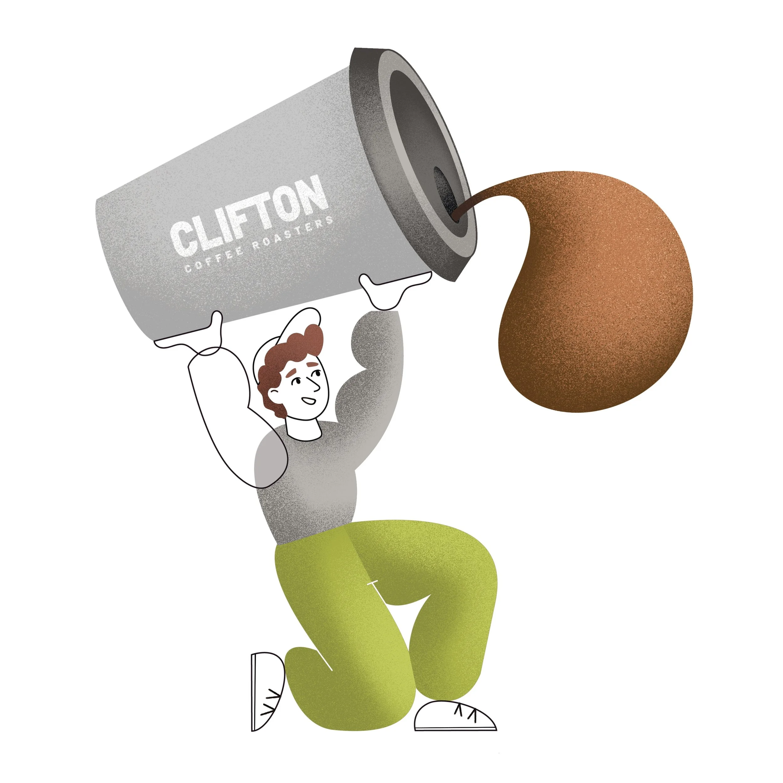 Illustration of a person with red hair pouring coffee from a gray branded coffee canister labeled 'Clifton Coffee Roasters' into a brown cup, with large abstract brown and orange circles in the background.
