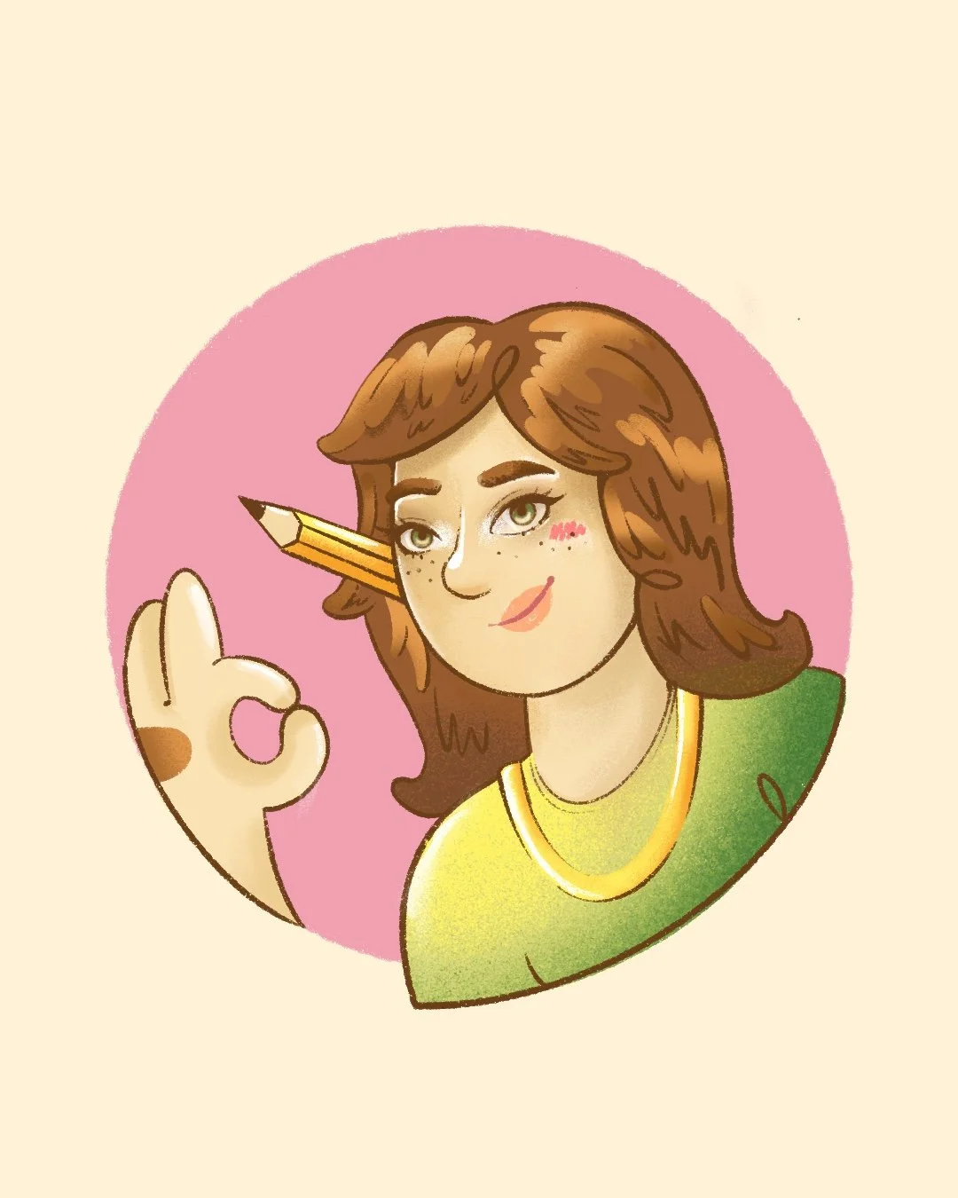 Illustration of a woman with brown hair holding a pencil with an okay sign, winking and smiling, with a pink circle background.