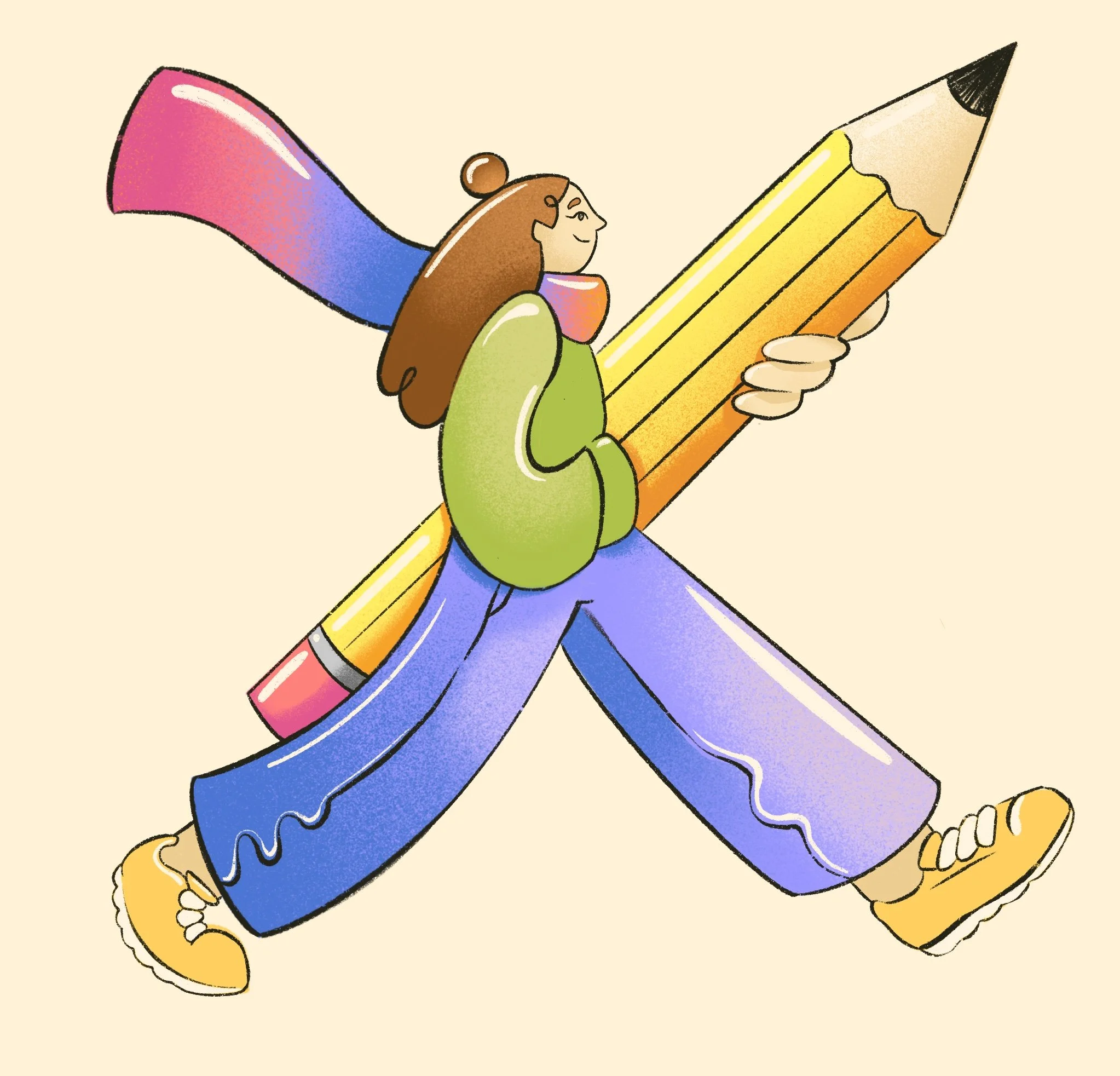 Drawing of a girl holding a large yellow pencil and a red and blue crayon.