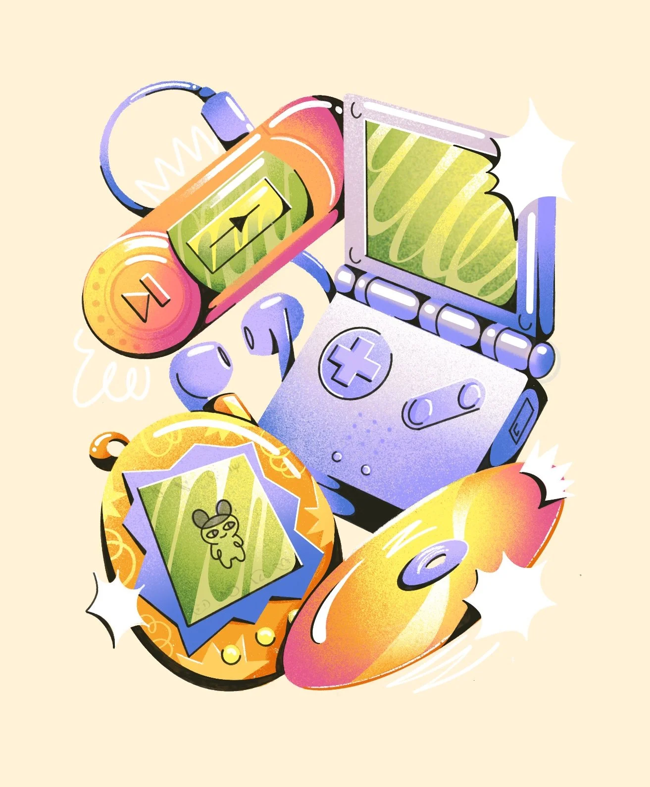 Colorful digital illustration of a vintage handheld gaming console, coins, and arcade tokens with a playful style.