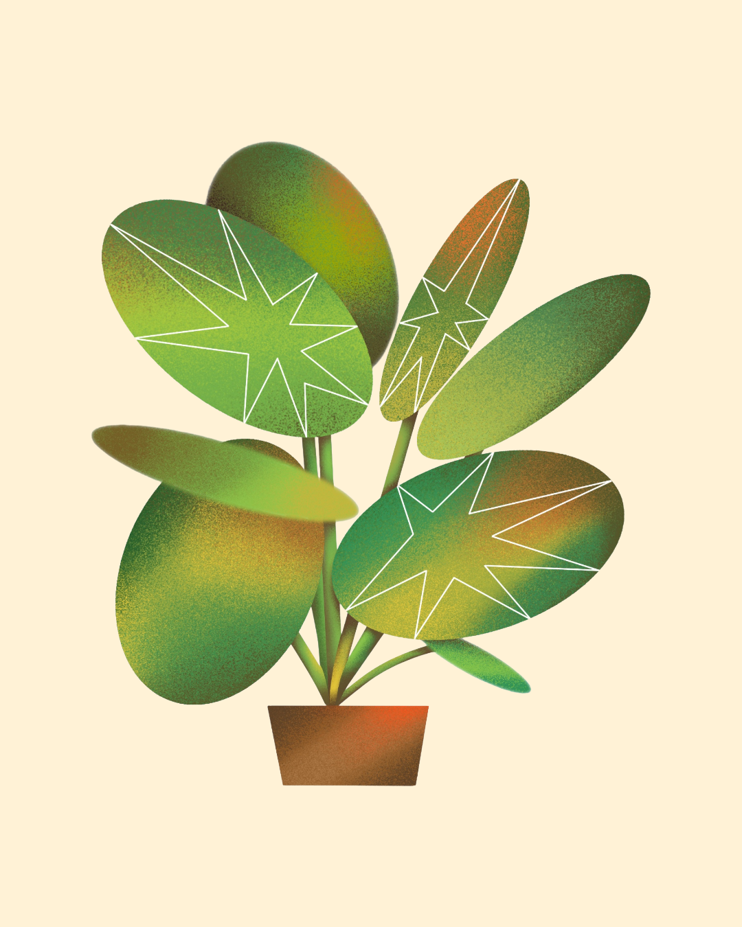 Stylized illustration of a potted plant with large, oval green leaves featuring white star-shaped outlines.