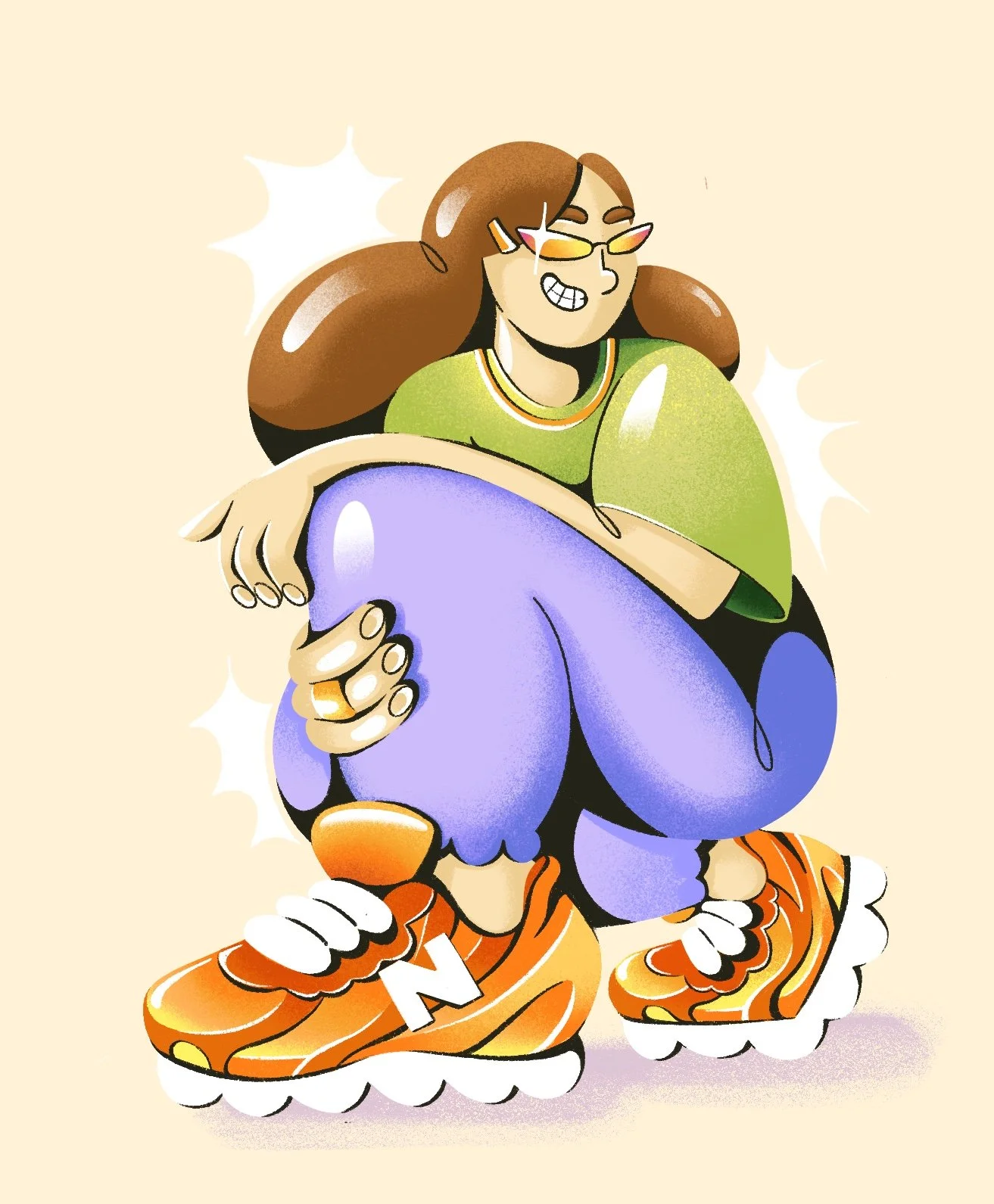 A cartoon person with brown hair, glasses, a green top, and purple pants, crouched down hugging a large extra shoe of orange sneakers, with a cheerful expression.