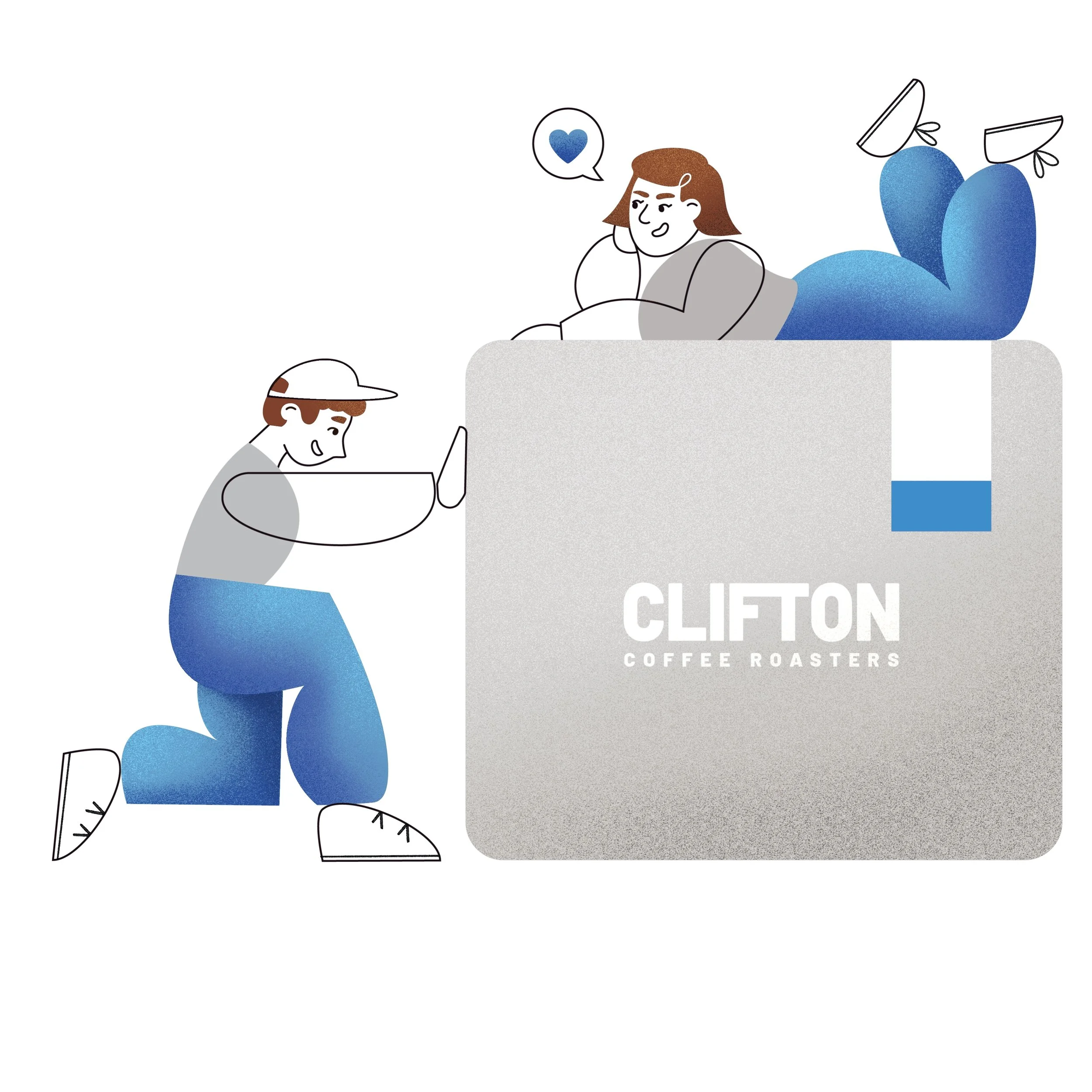 Illustration of two people, one taking a selfie and the other lying on their stomach with feet in the air, with text reading "Clifton Coffee Roasters."