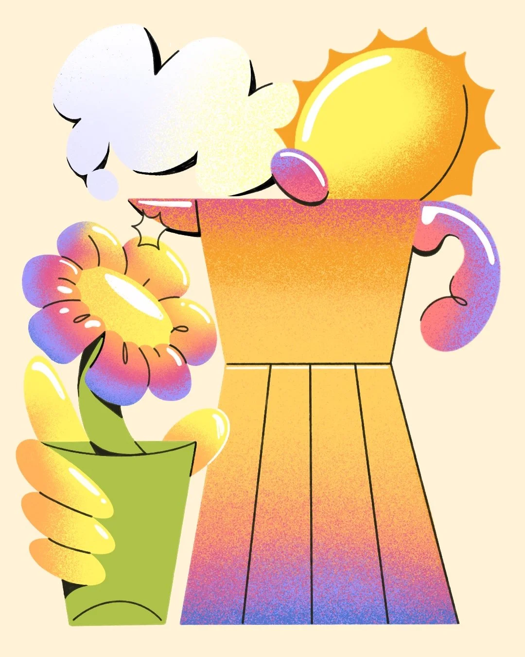 Colorful abstract illustration of a flower held in a hand, with bright yellow and pink hues, and a glowing sun in the background.