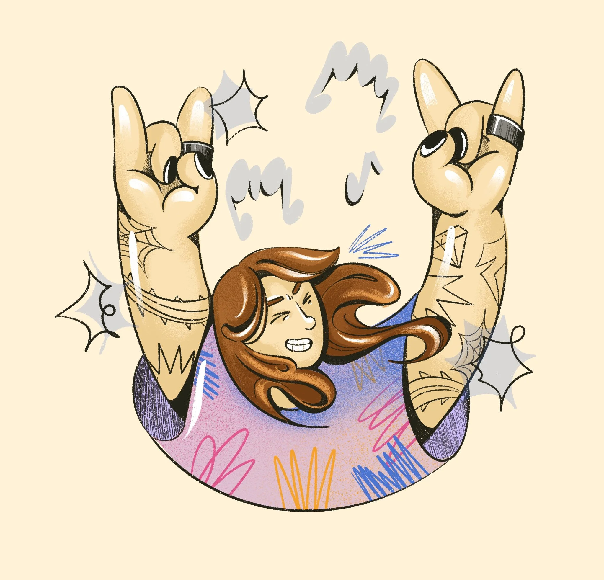 A comic-style illustration of a girl with brown hair and a purple shirt, surrounded by two large, anthropomorphic hands making devil horns, with gray clouds, colorful scribbles, and abstract shapes in the background.
